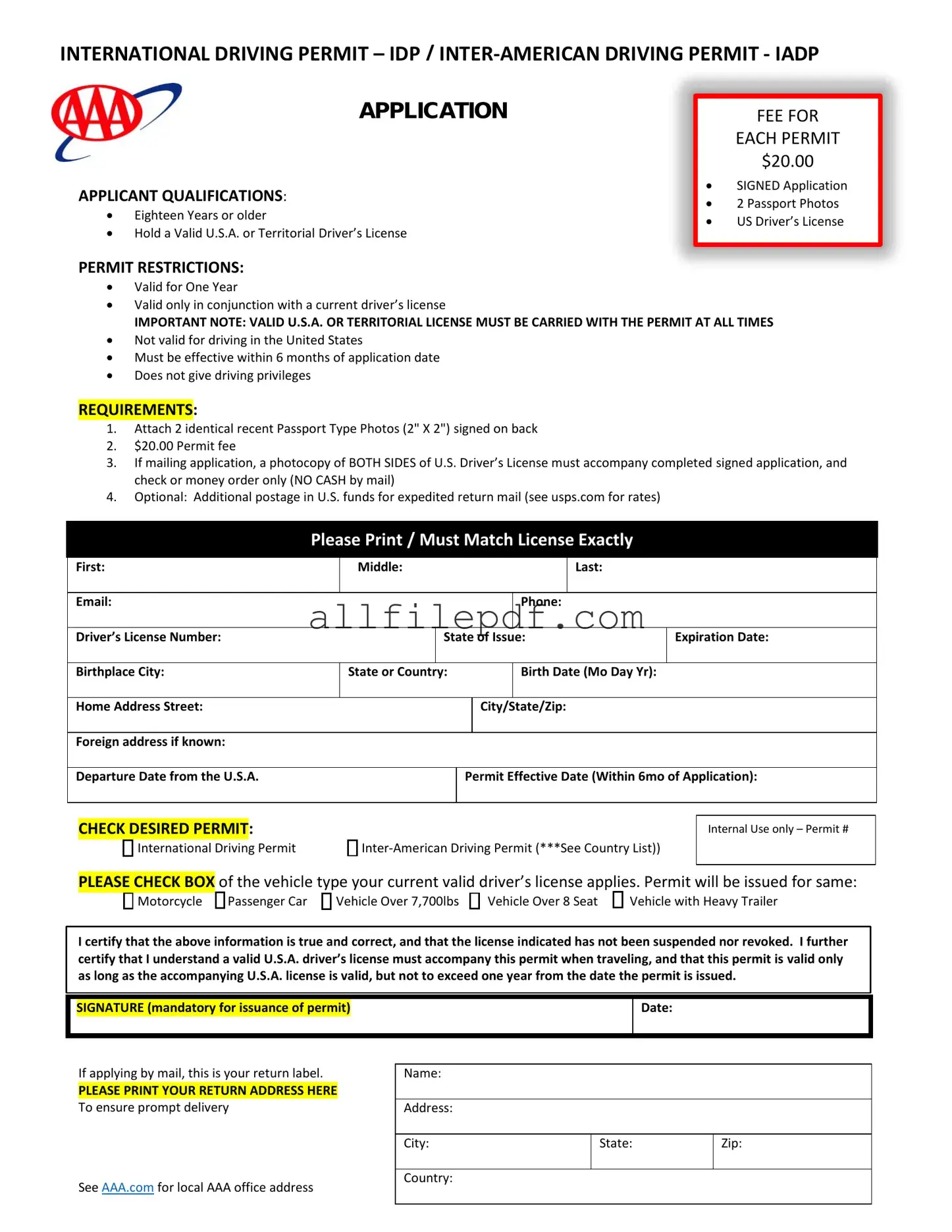 Blank Aaa International Driving Permit Application PDF Form