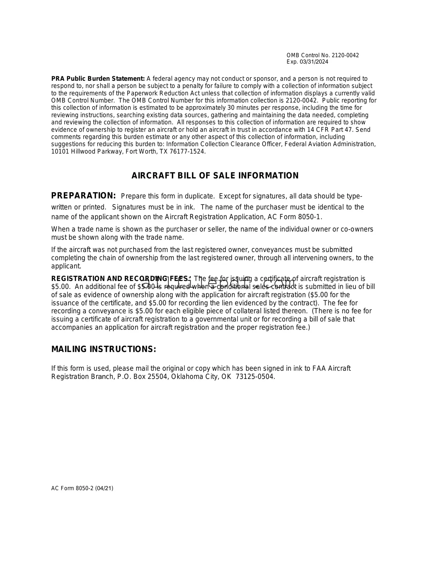 Blank Aircraft Bill of Sale AC 8050-2 PDF Form