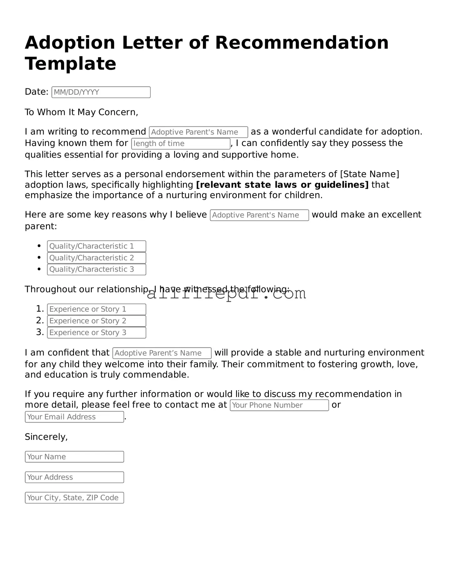 Blank Adoption Letter of Recommendation Template