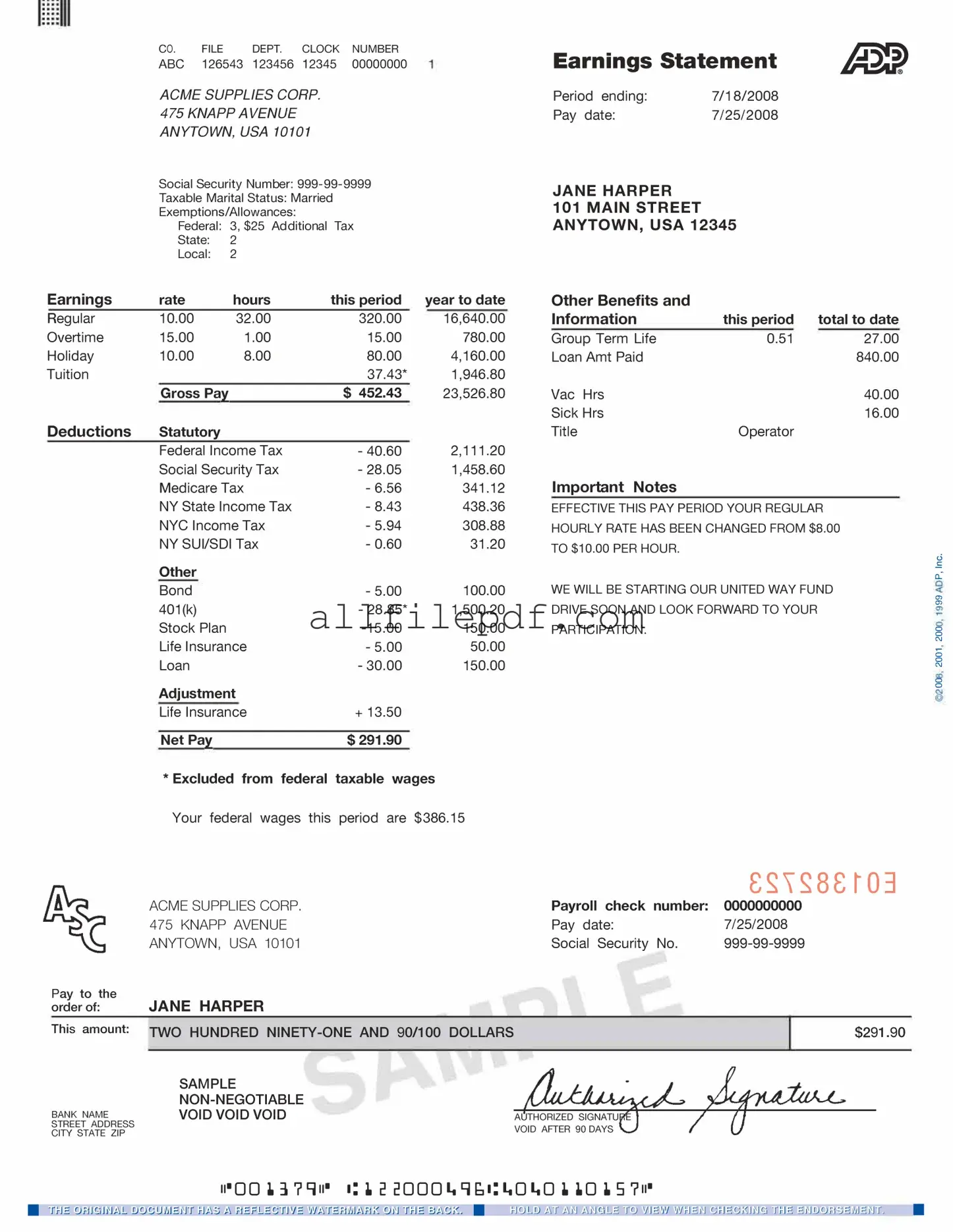 Blank Adp Pay Stub PDF Form