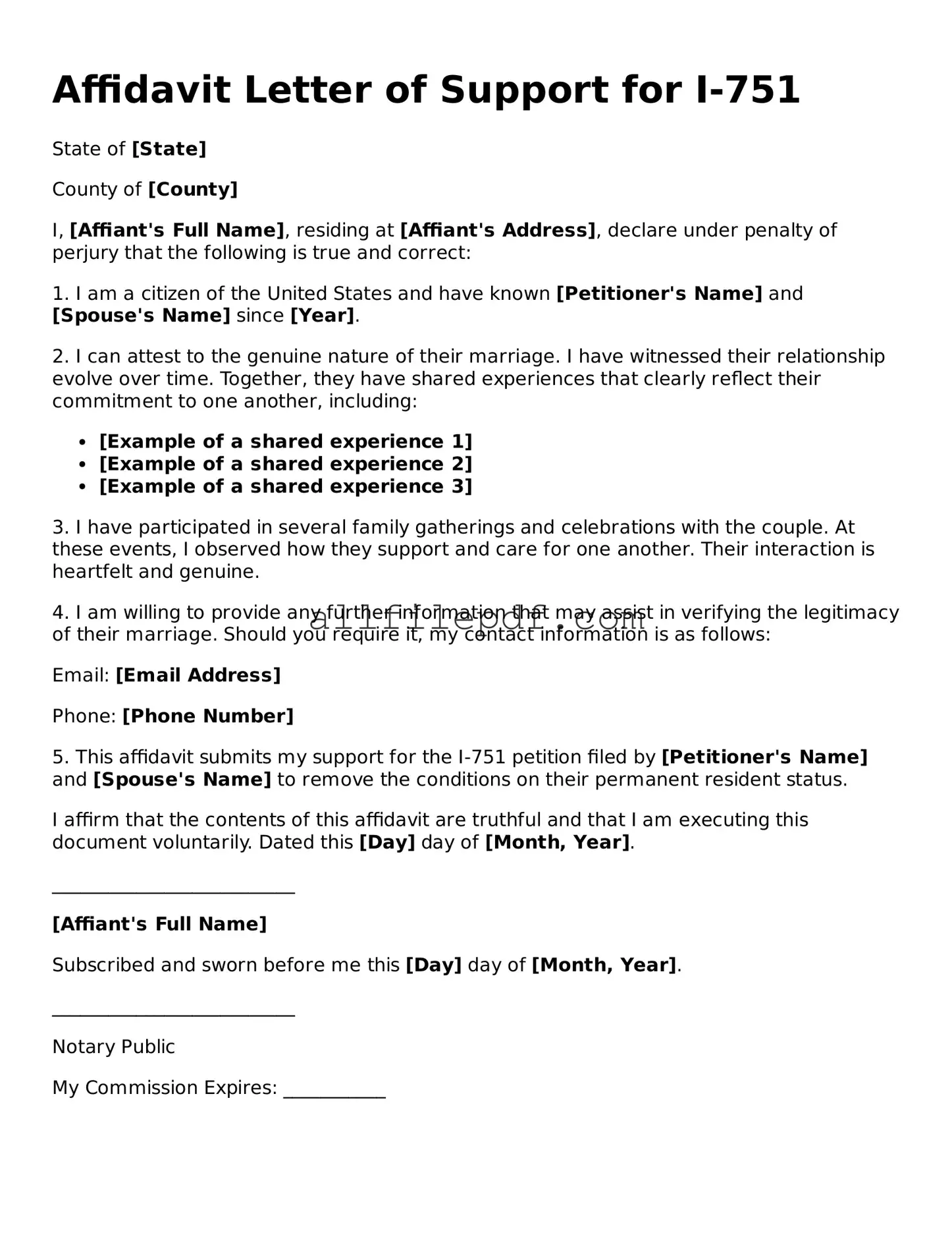 Blank Affidavit Letter of Support for I-751 Template