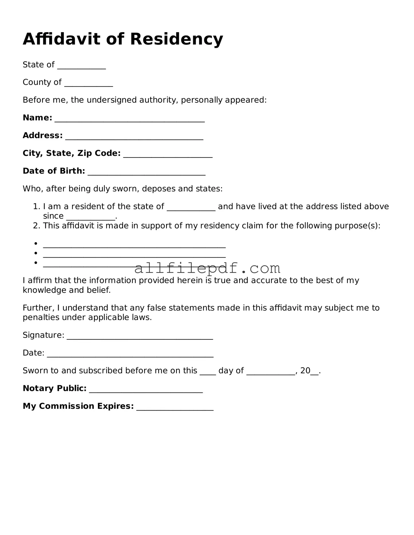 Blank Affidavit of Residency Template