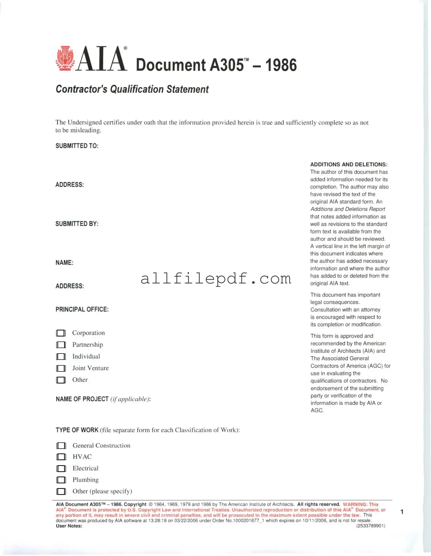 Blank AIA A305 PDF Form