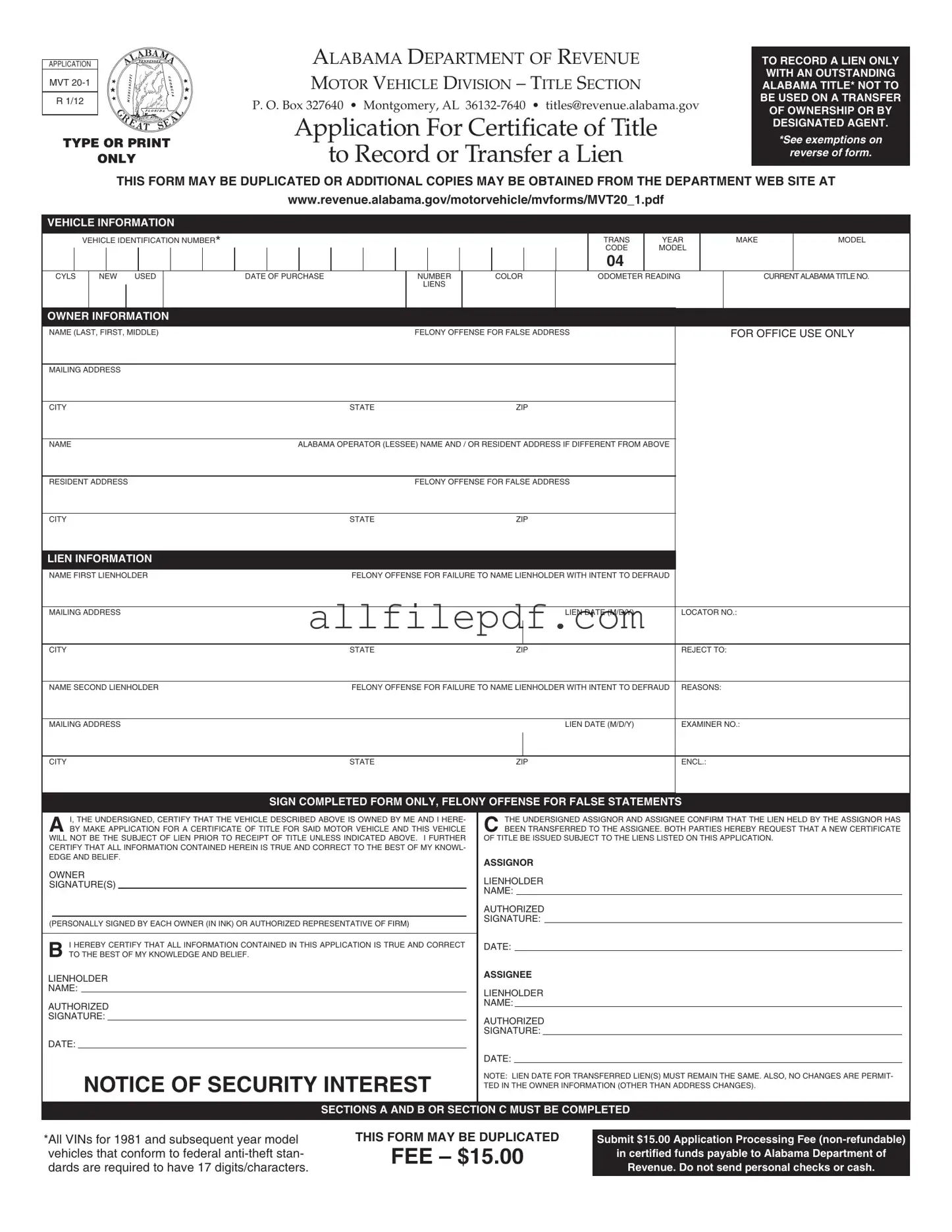 Blank Alabama Mvt 20 1 PDF Form