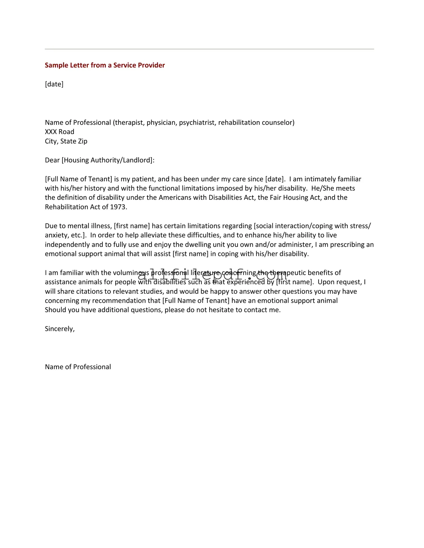 Blank Emotional Support Animal Letter PDF Form
