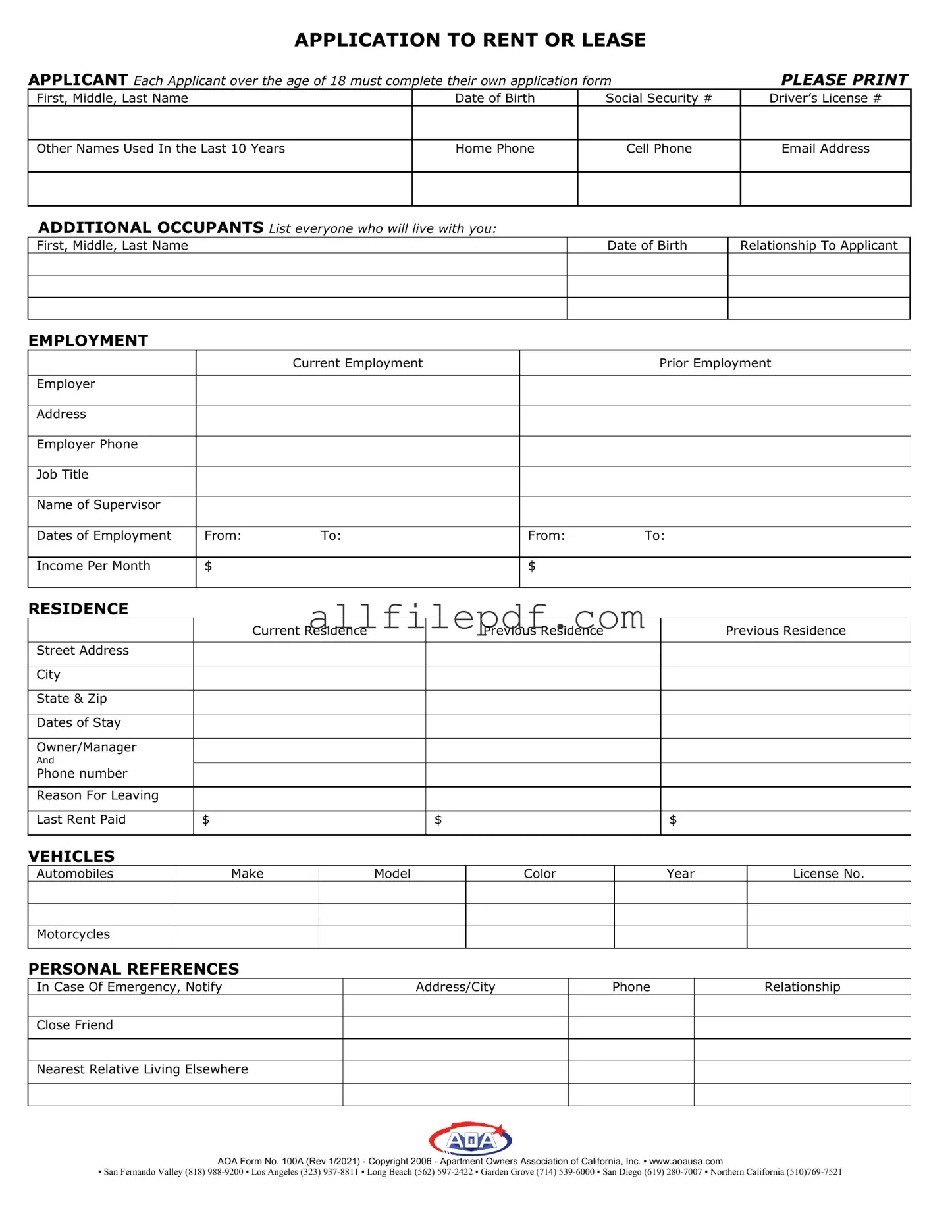 Blank Aoa 100A PDF Form