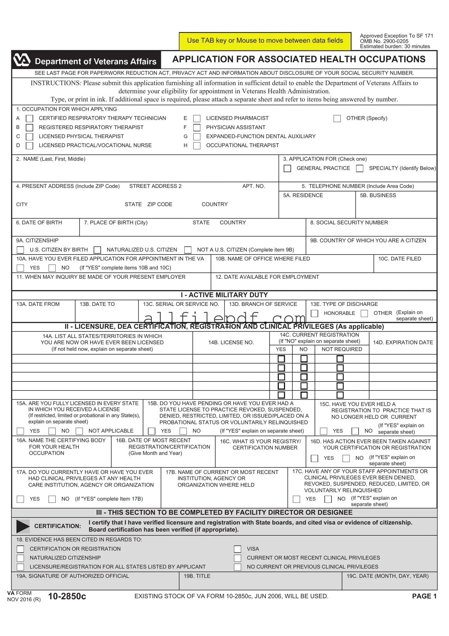 Blank VA 10-2850c PDF Form