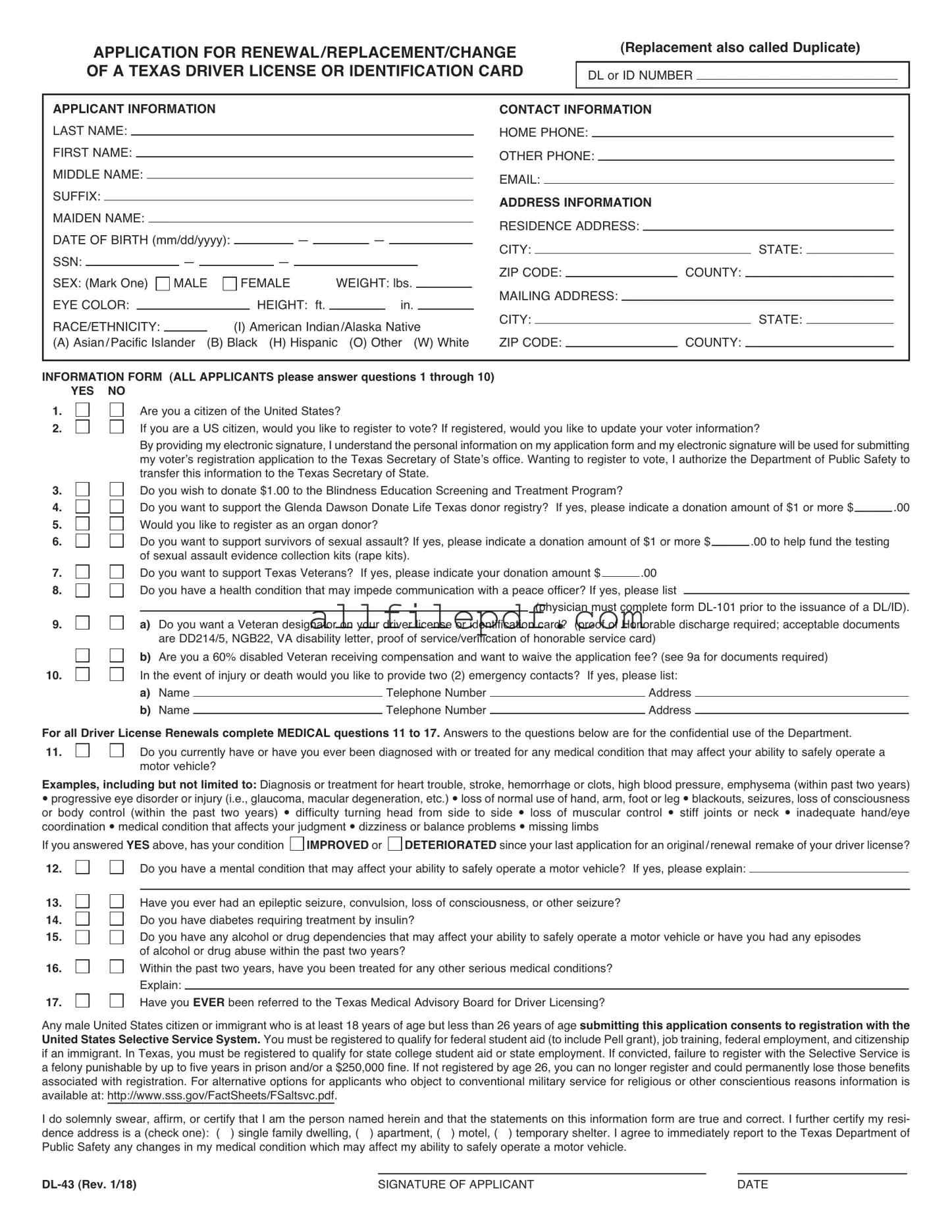 Blank DL-43 PDF Form