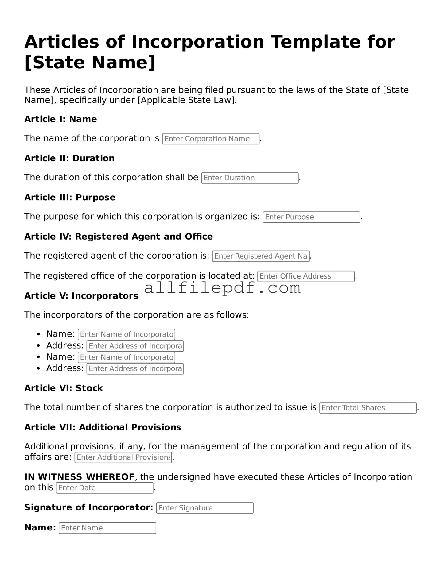 Blank Articles of Incorporation Template