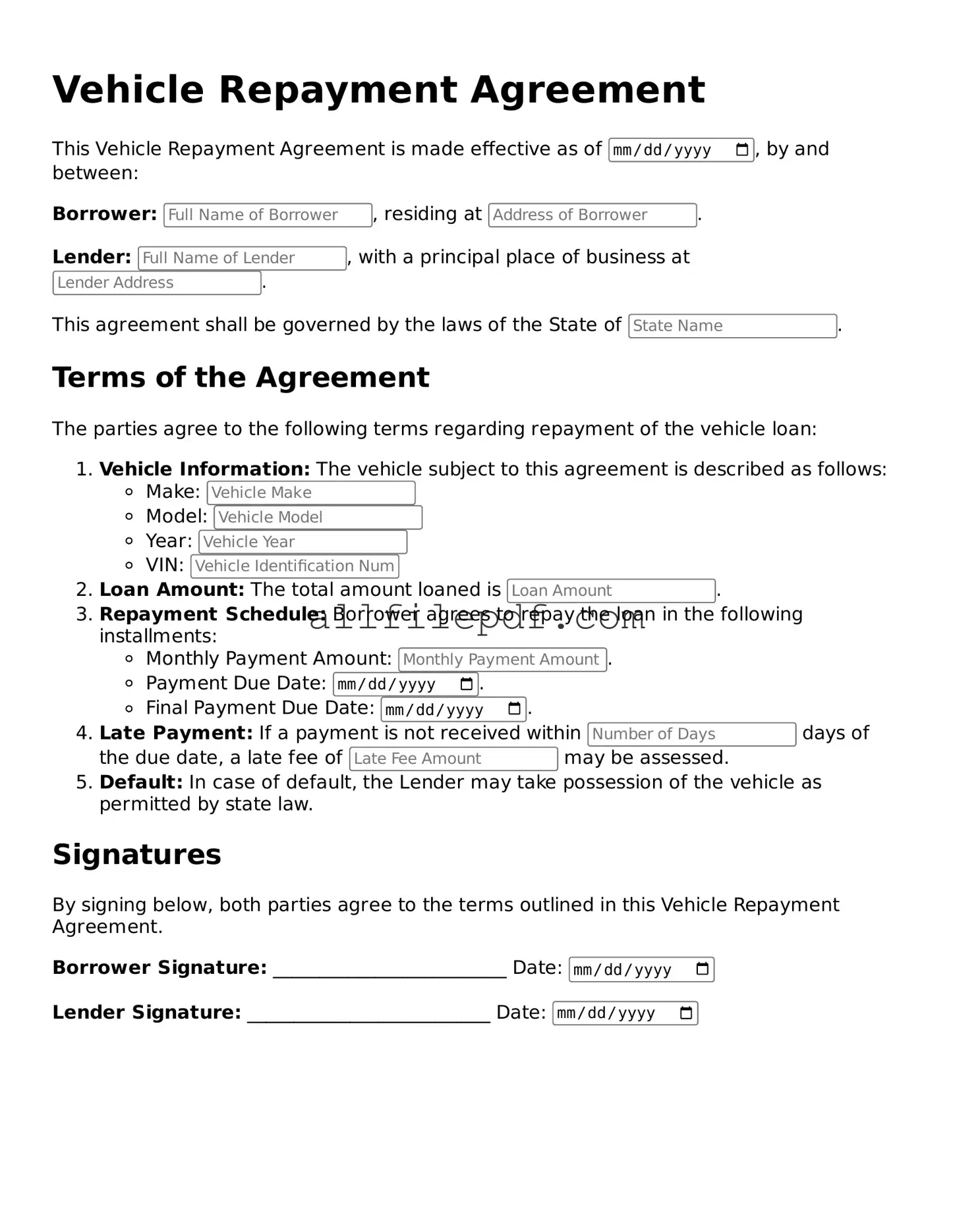 Blank Vehicle Repayment Agreement Template