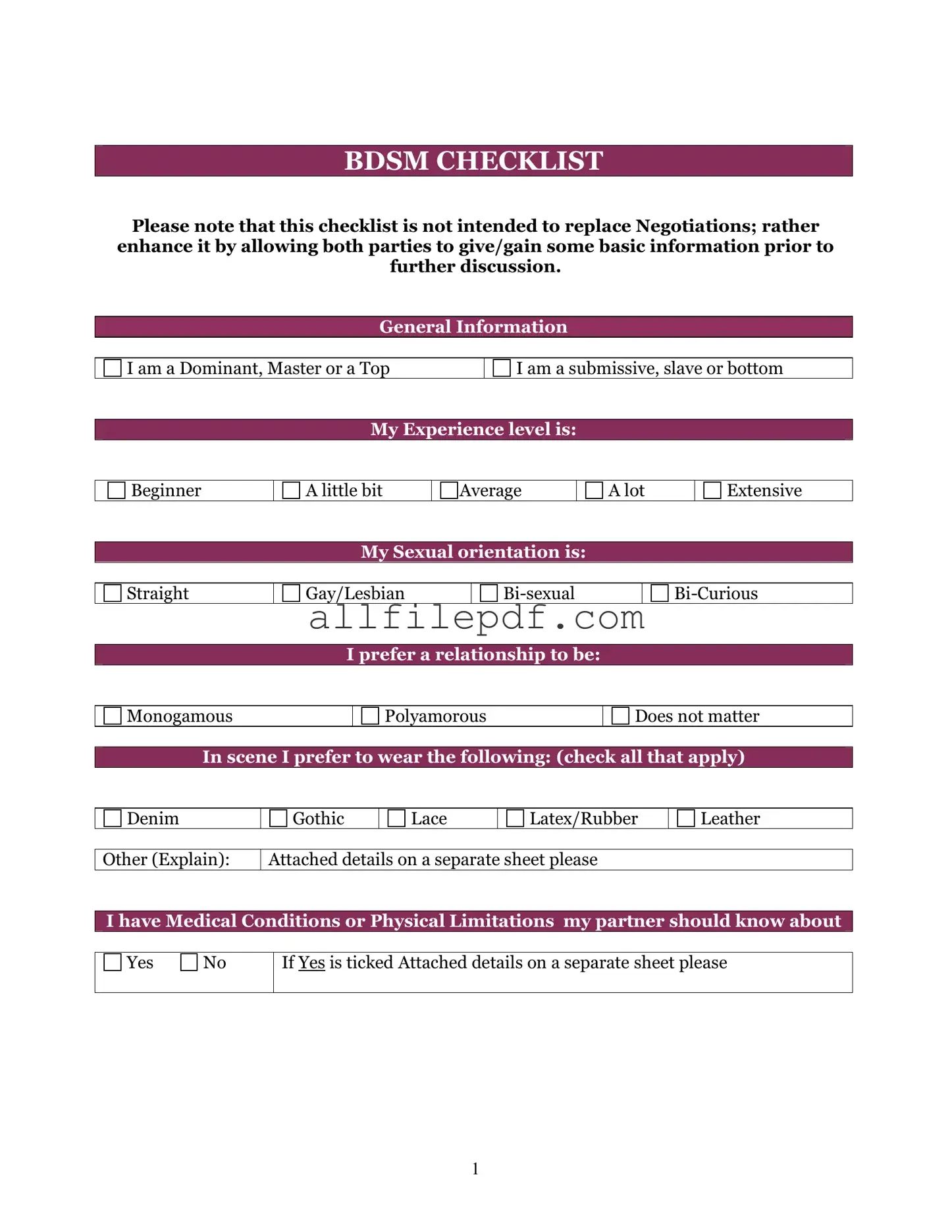 Blank Bdsm Checklist PDF Form