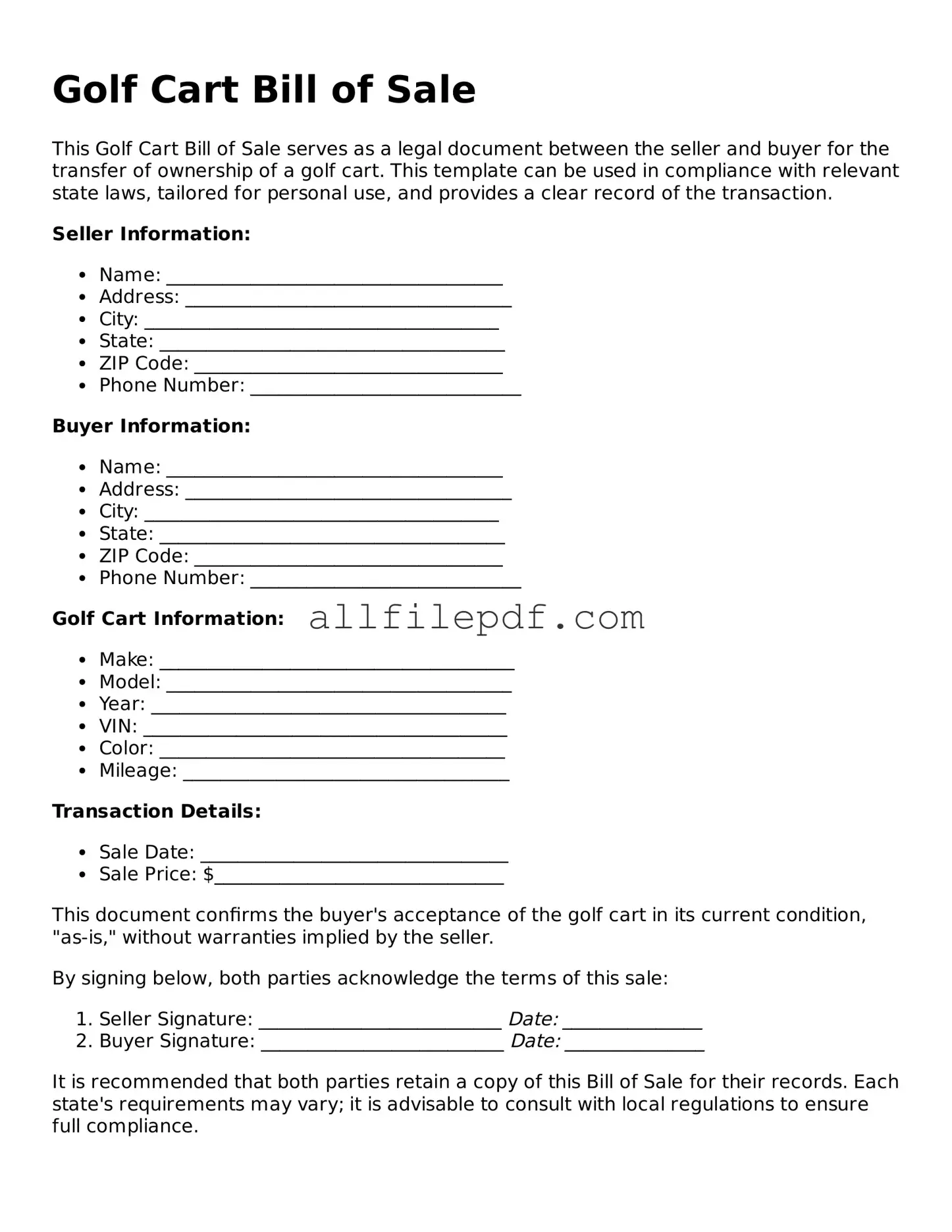 Blank Golf Cart Bill of Sale Template