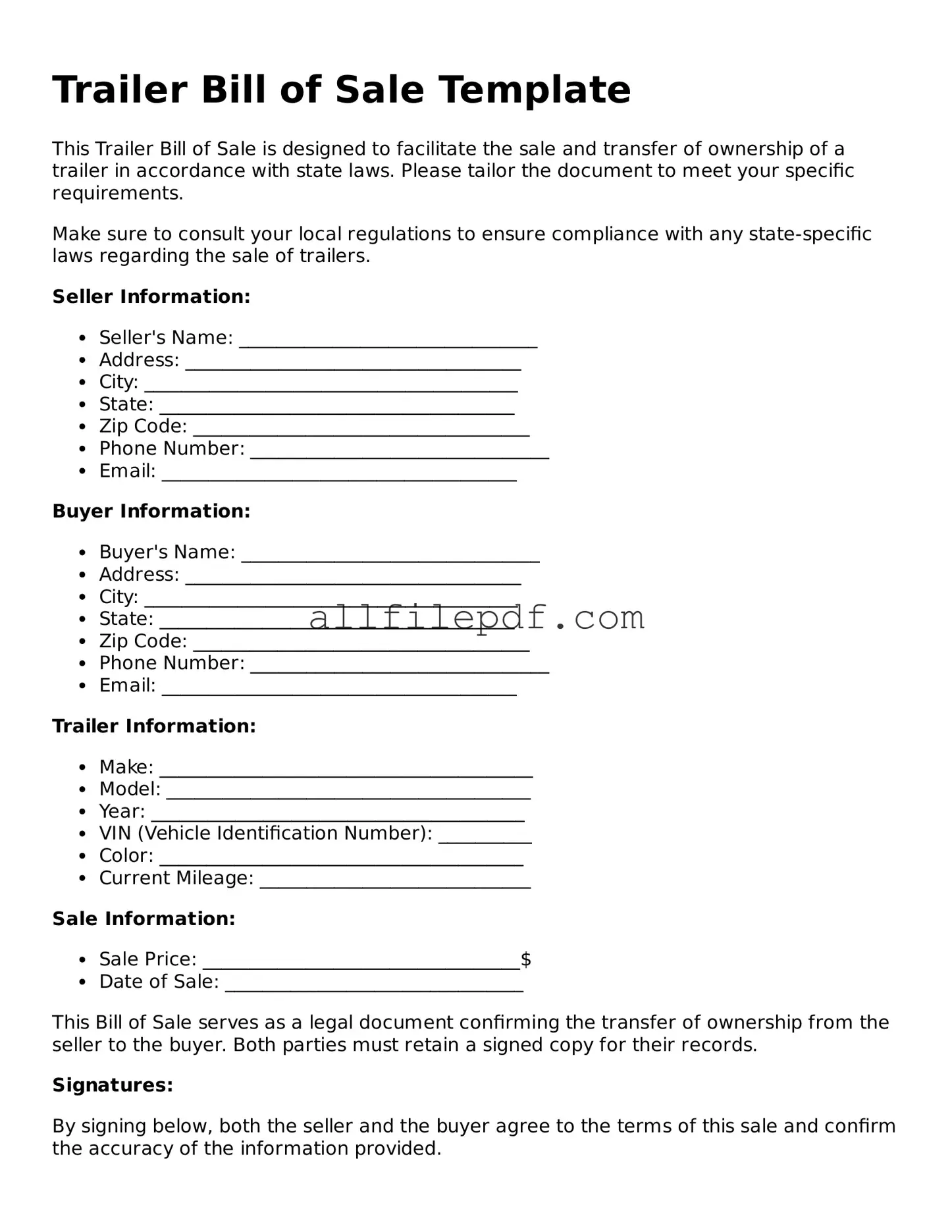 Blank Trailer Bill of Sale Template