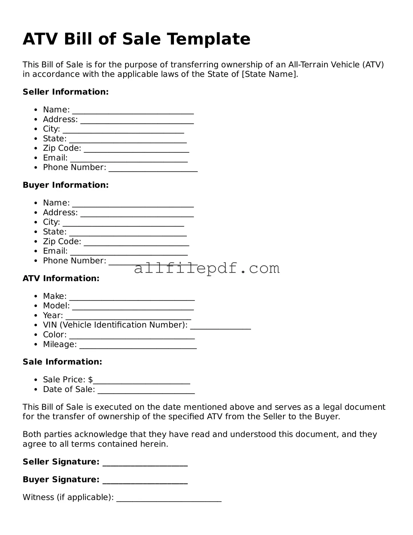 Blank ATV Bill of Sale Template