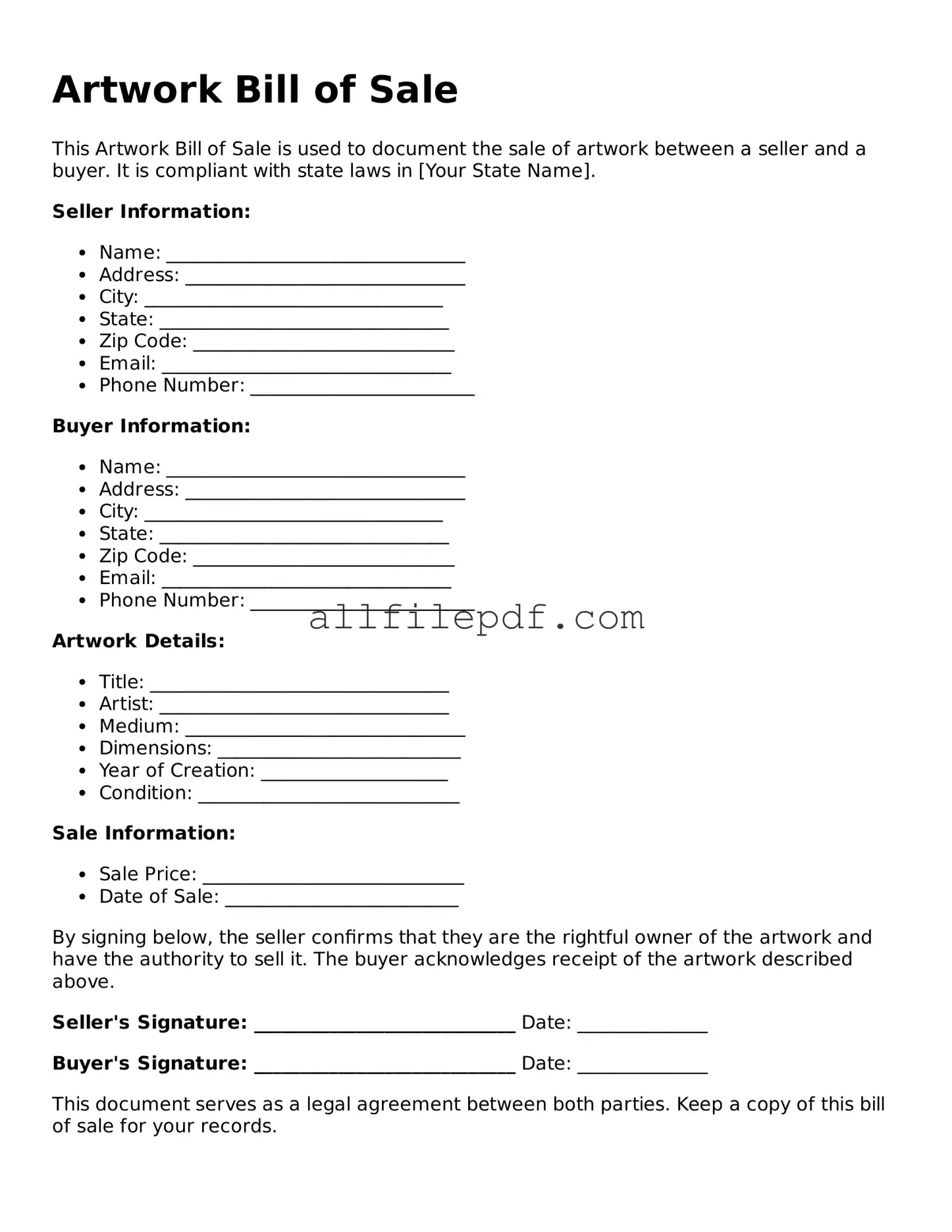Blank Artwork Bill of Sale Template