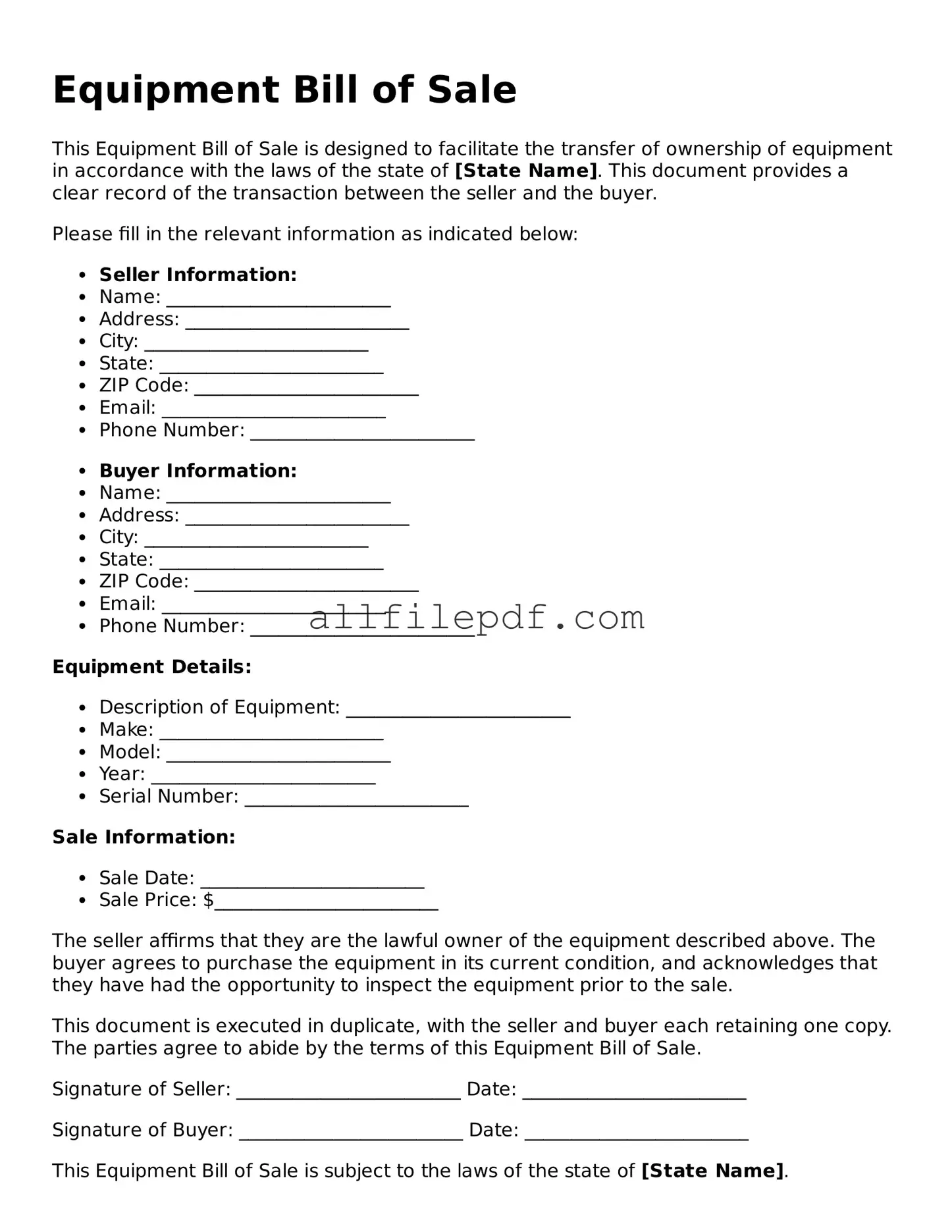 Blank Equipment Bill of Sale Template