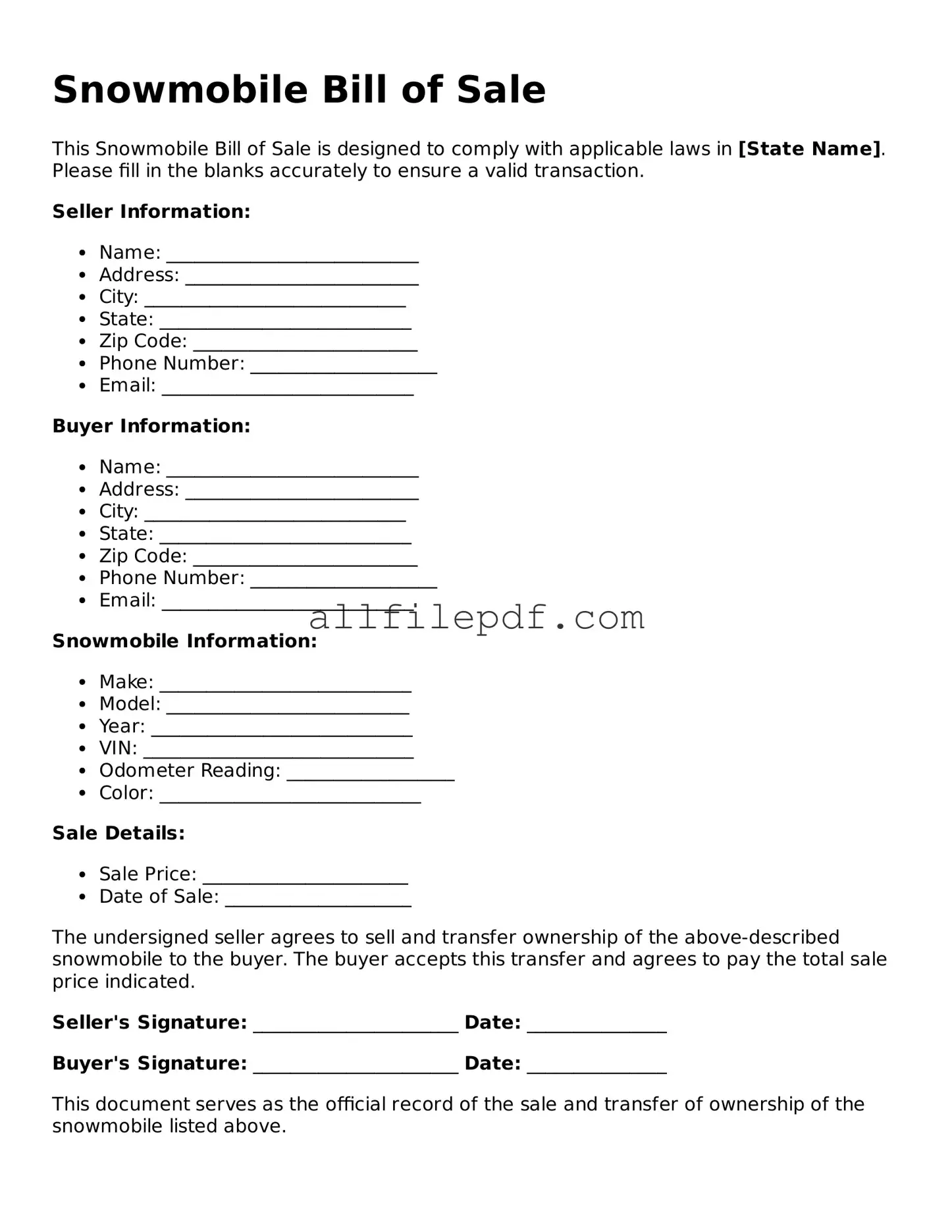 Blank Snowmobile Bill of Sale Template