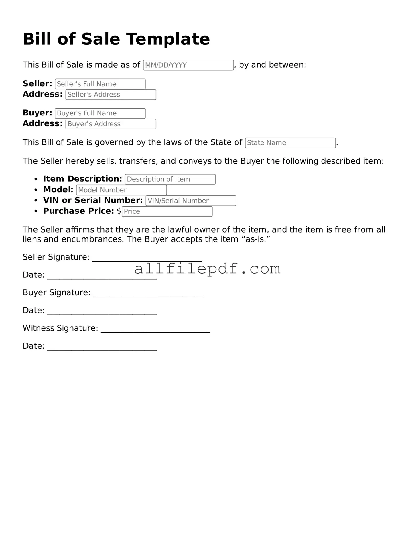 Blank Bill of Sale Template