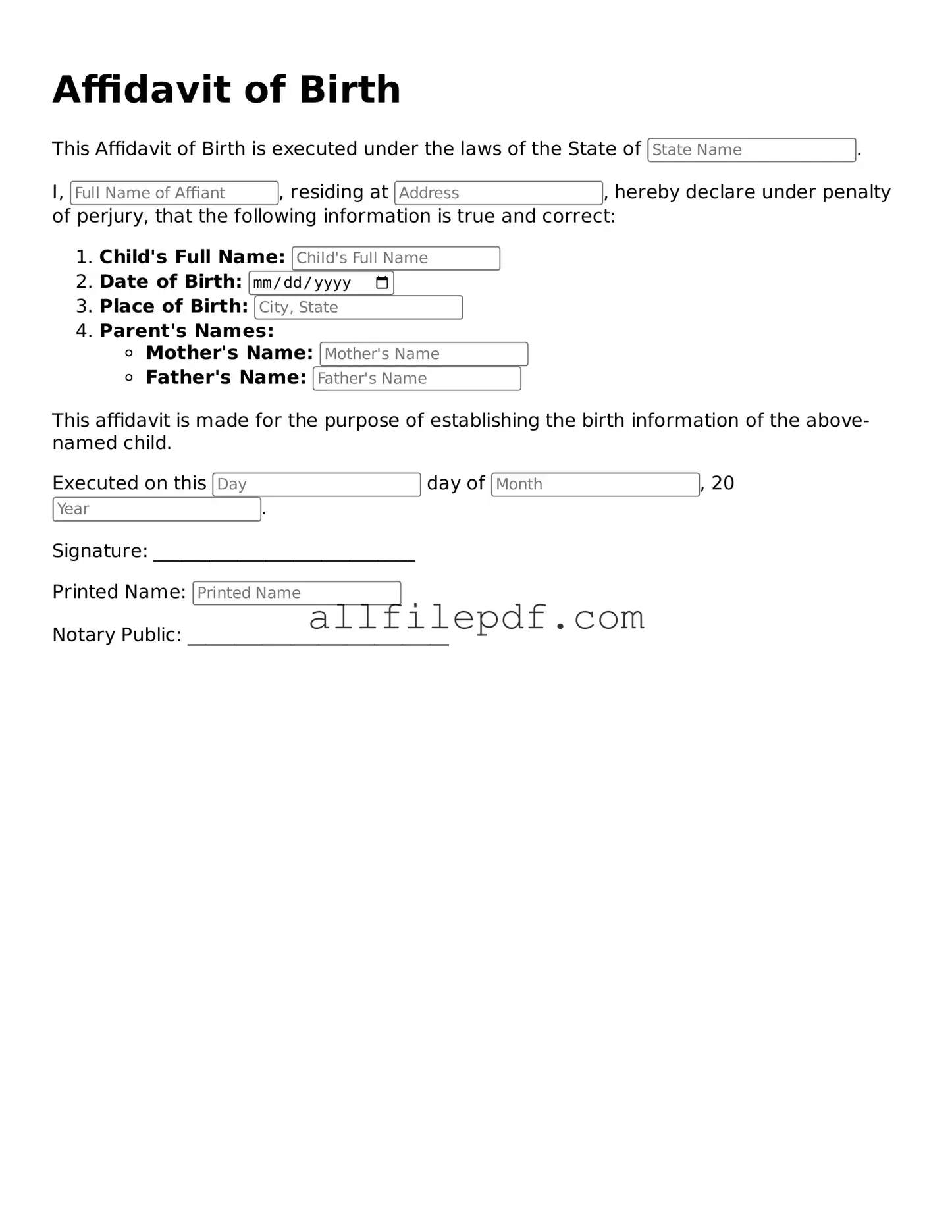 Blank Affidavit of Birth Template