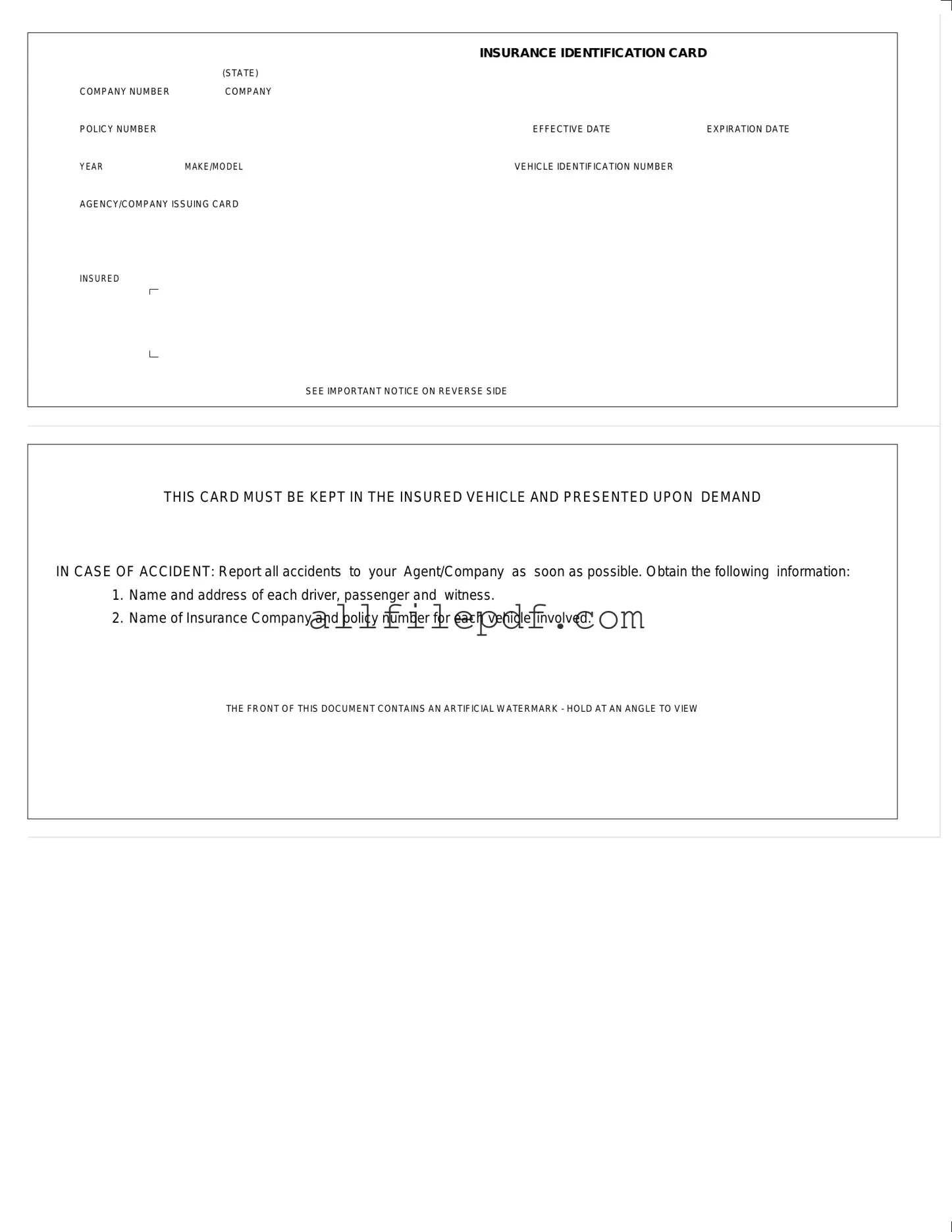 Blank Auto Insurance Card PDF Form
