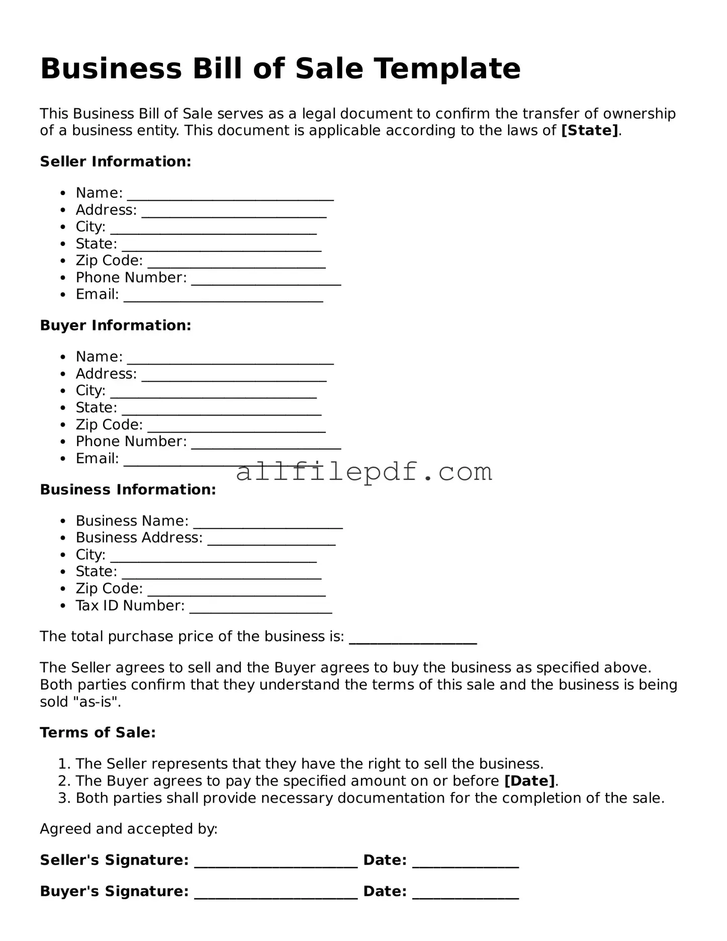 Blank Business Bill of Sale Template