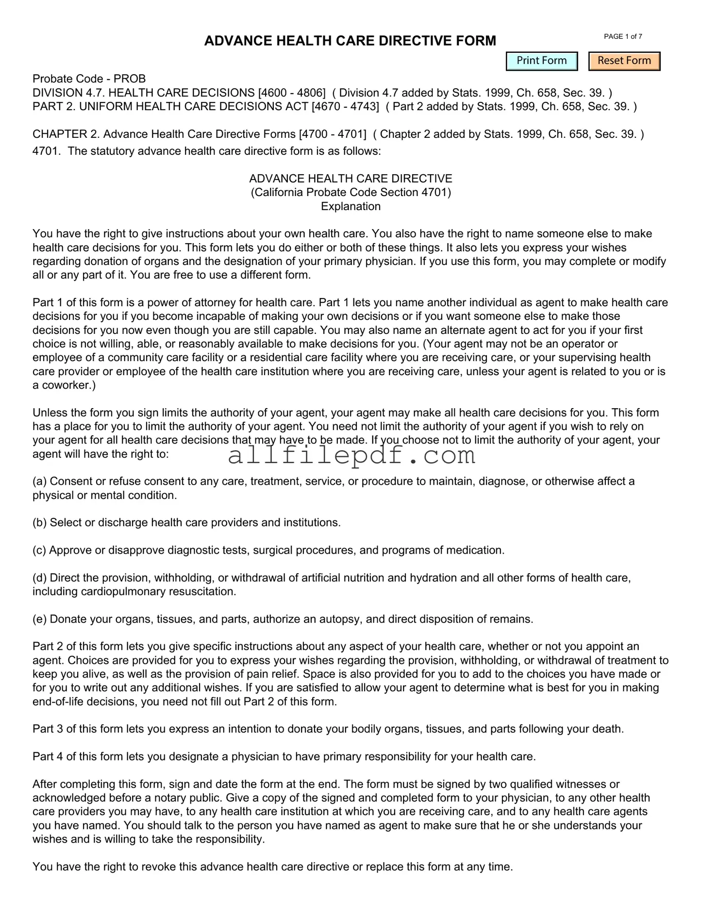 Blank California Advanced Health Care Directive PDF Form