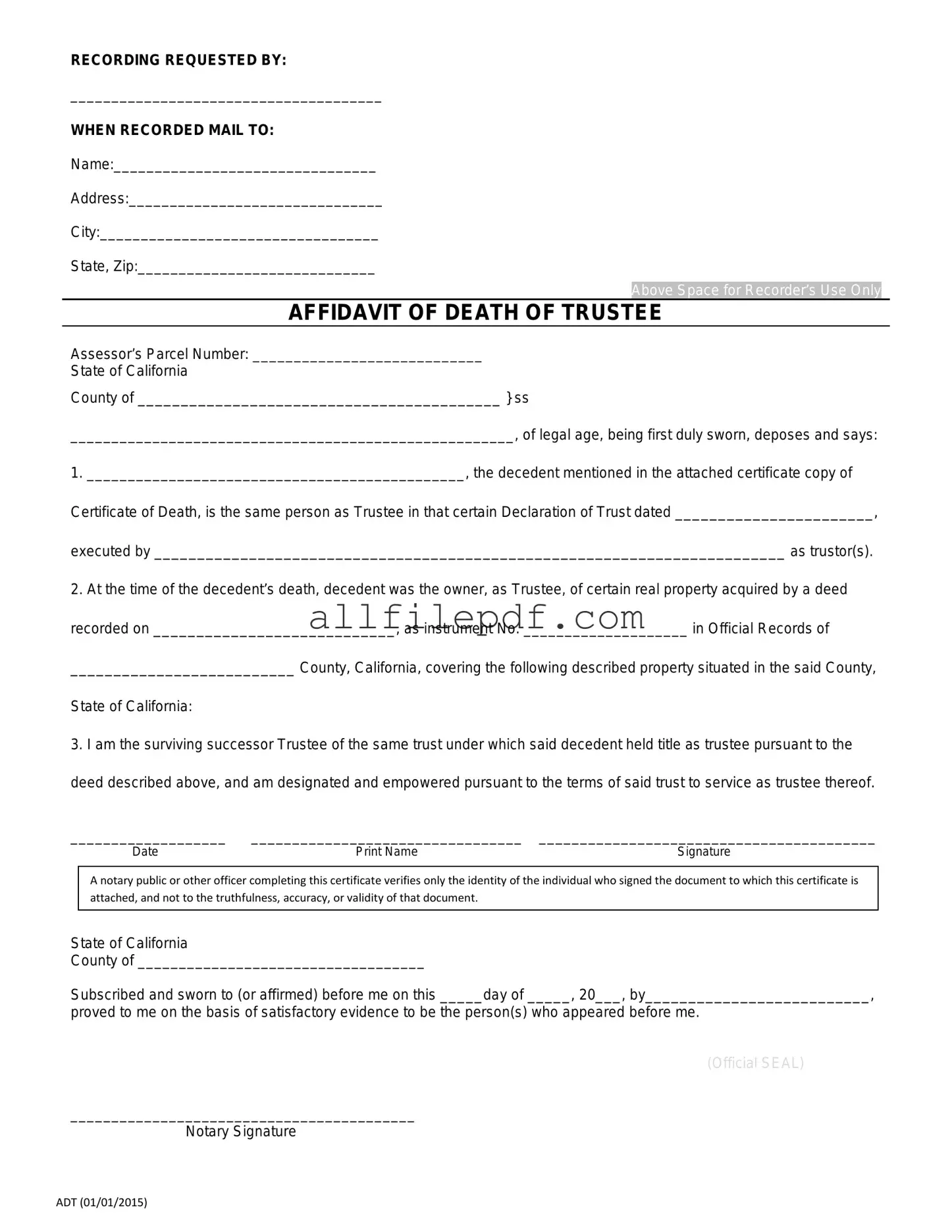 Blank California Affidavit of Death of a Trustee PDF Form