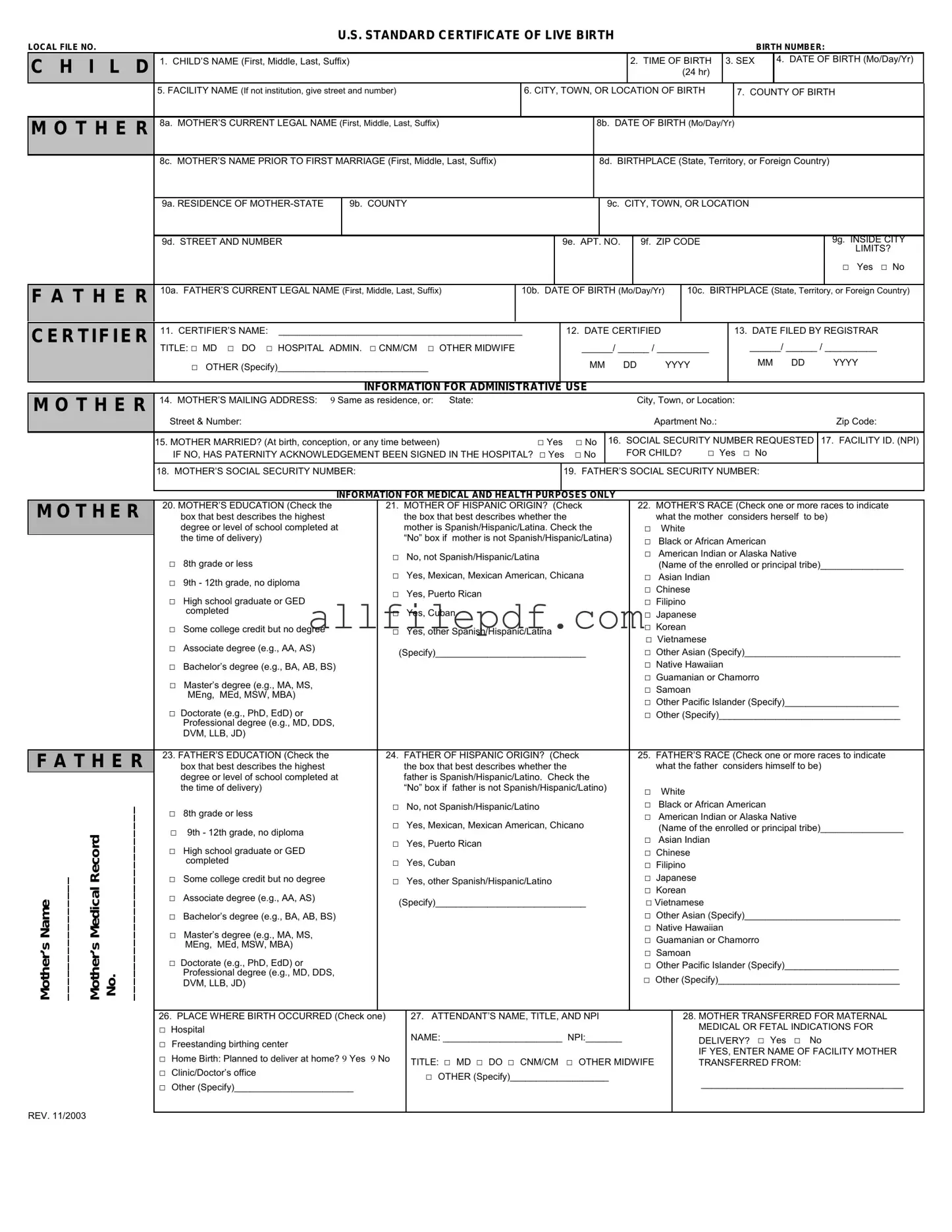 Blank CDC U.S. Standard Certificate of Live Birth PDF Form