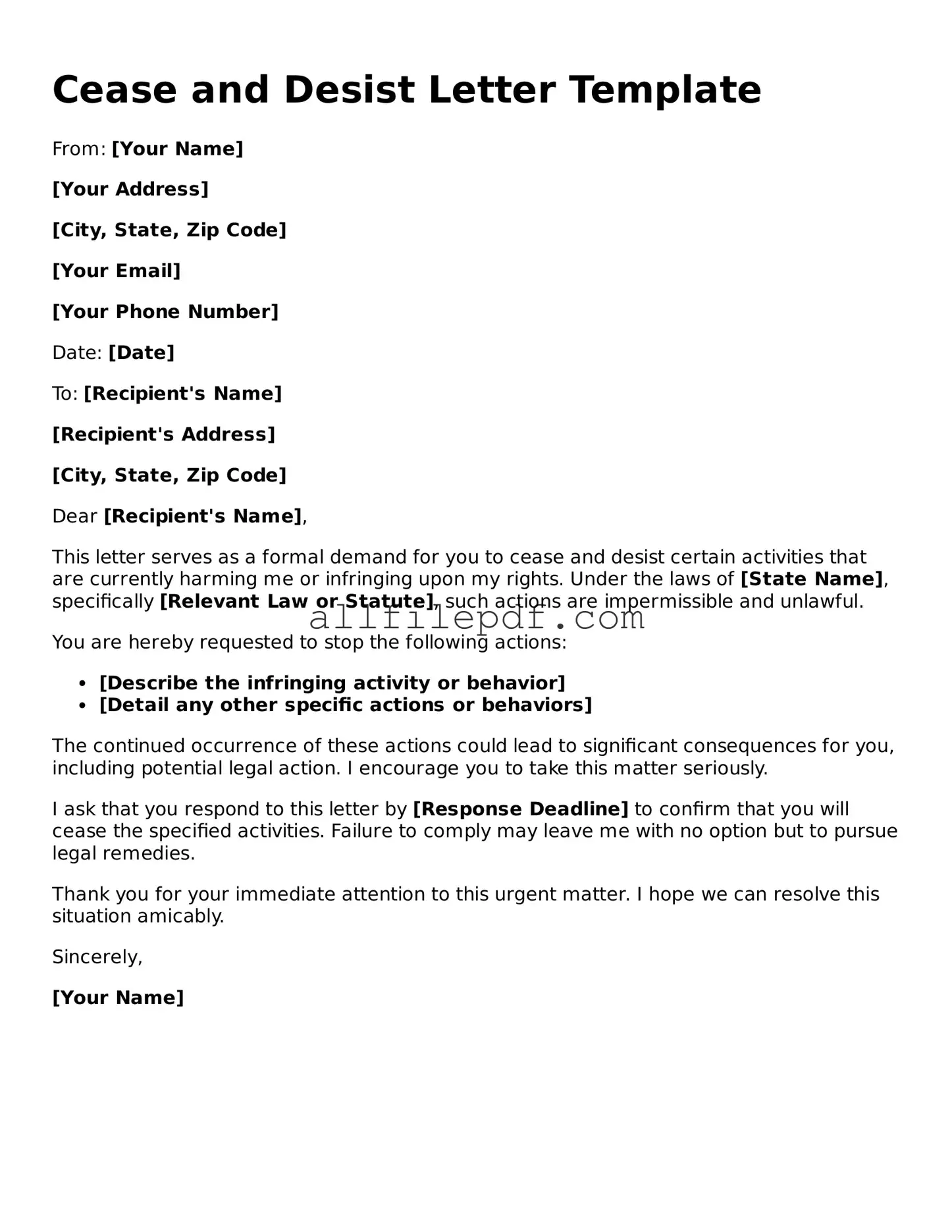 Blank Cease and Desist Letter Template