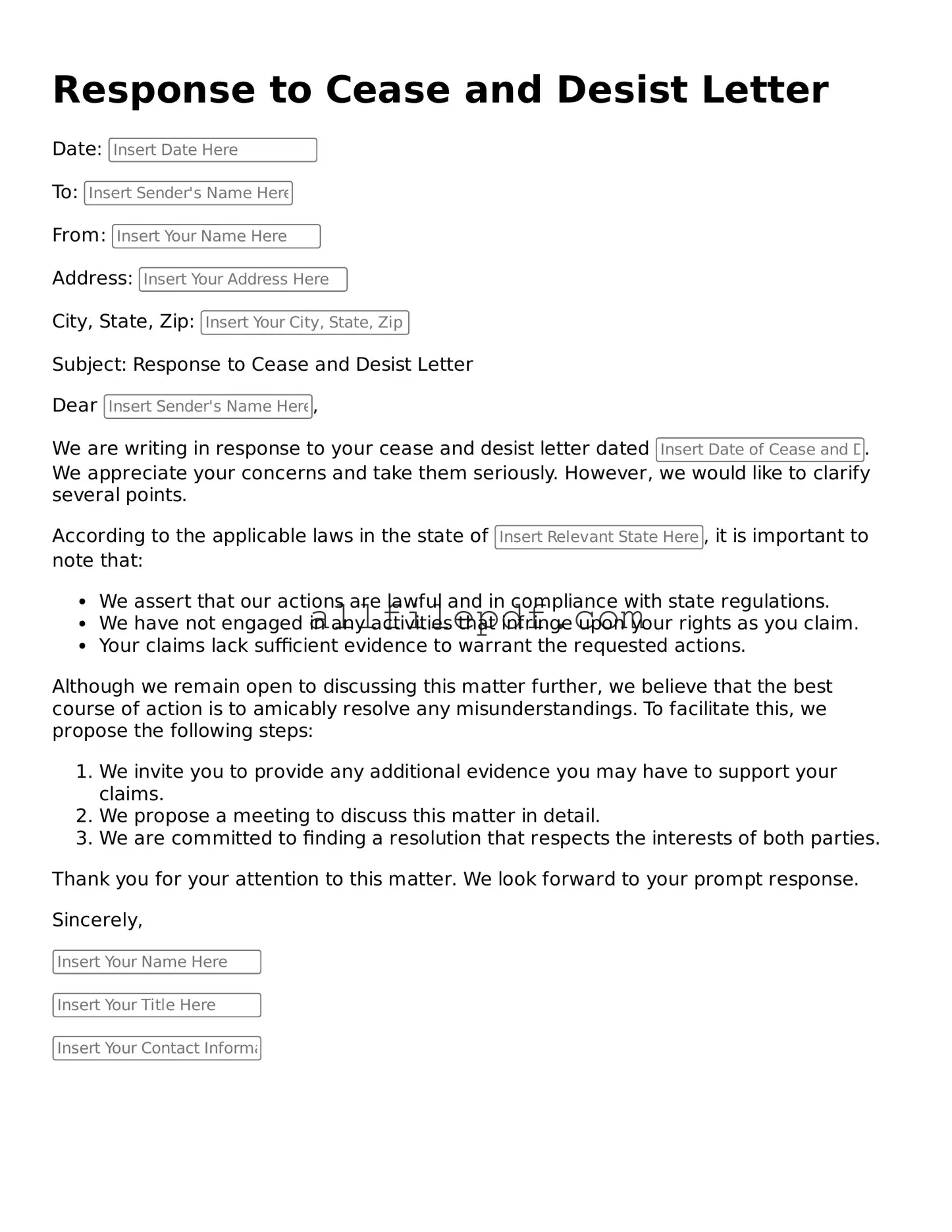 Blank Response to a Cease and Desist Letter Template