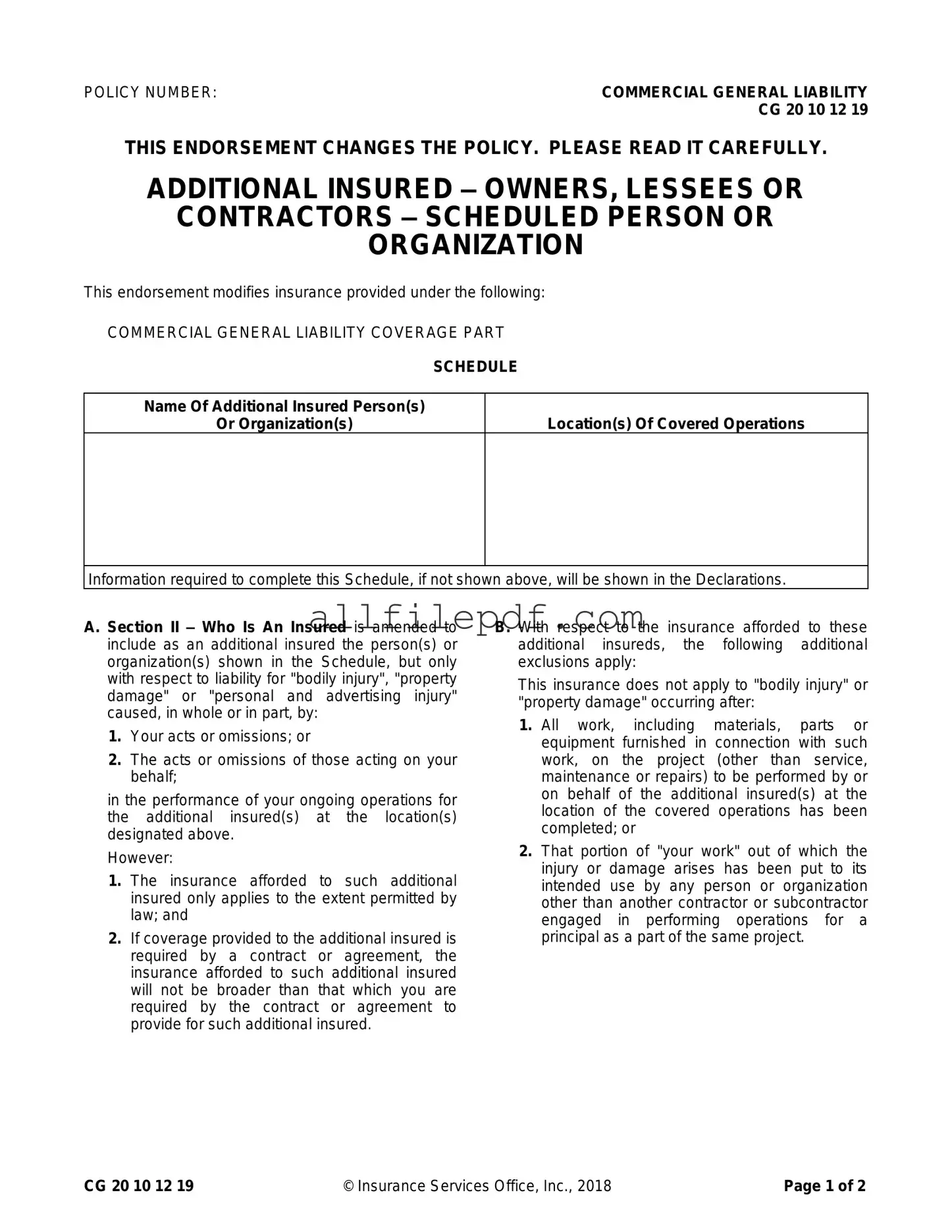 Blank Cg 20 10 07 04 Liability Endorsement PDF Form