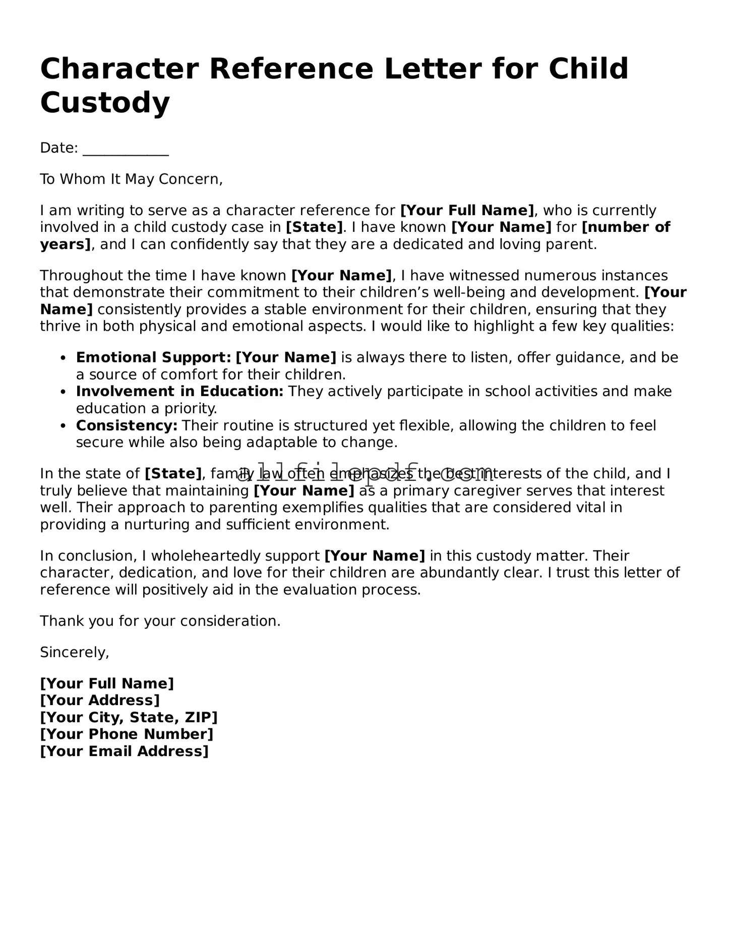 Blank Character Reference Letter for Child Custody Template