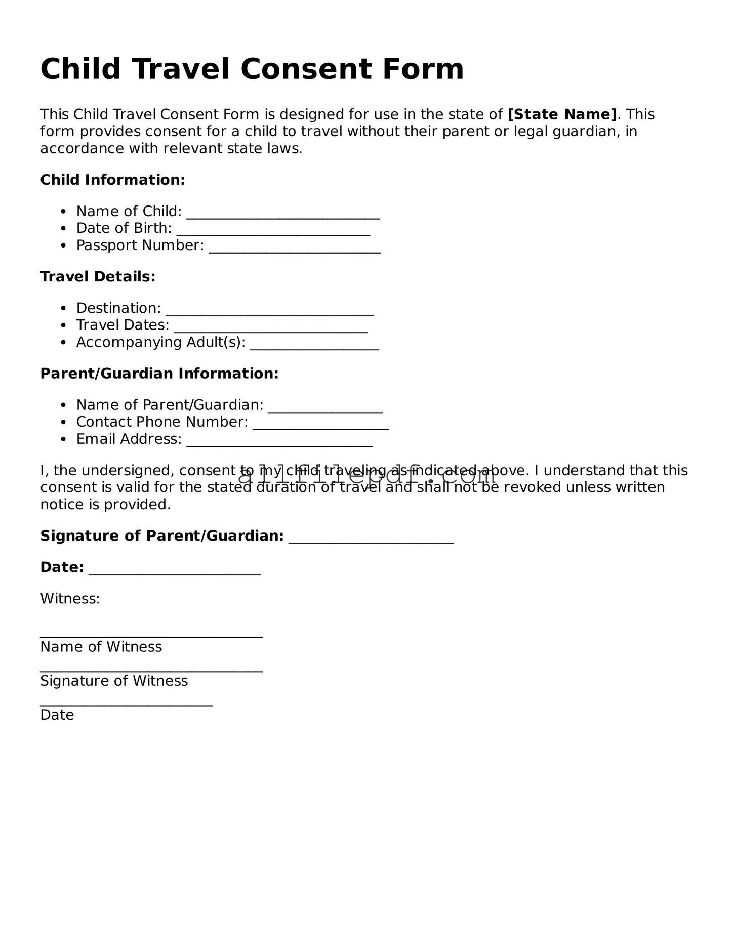 Blank Child Travel Consent Form Template