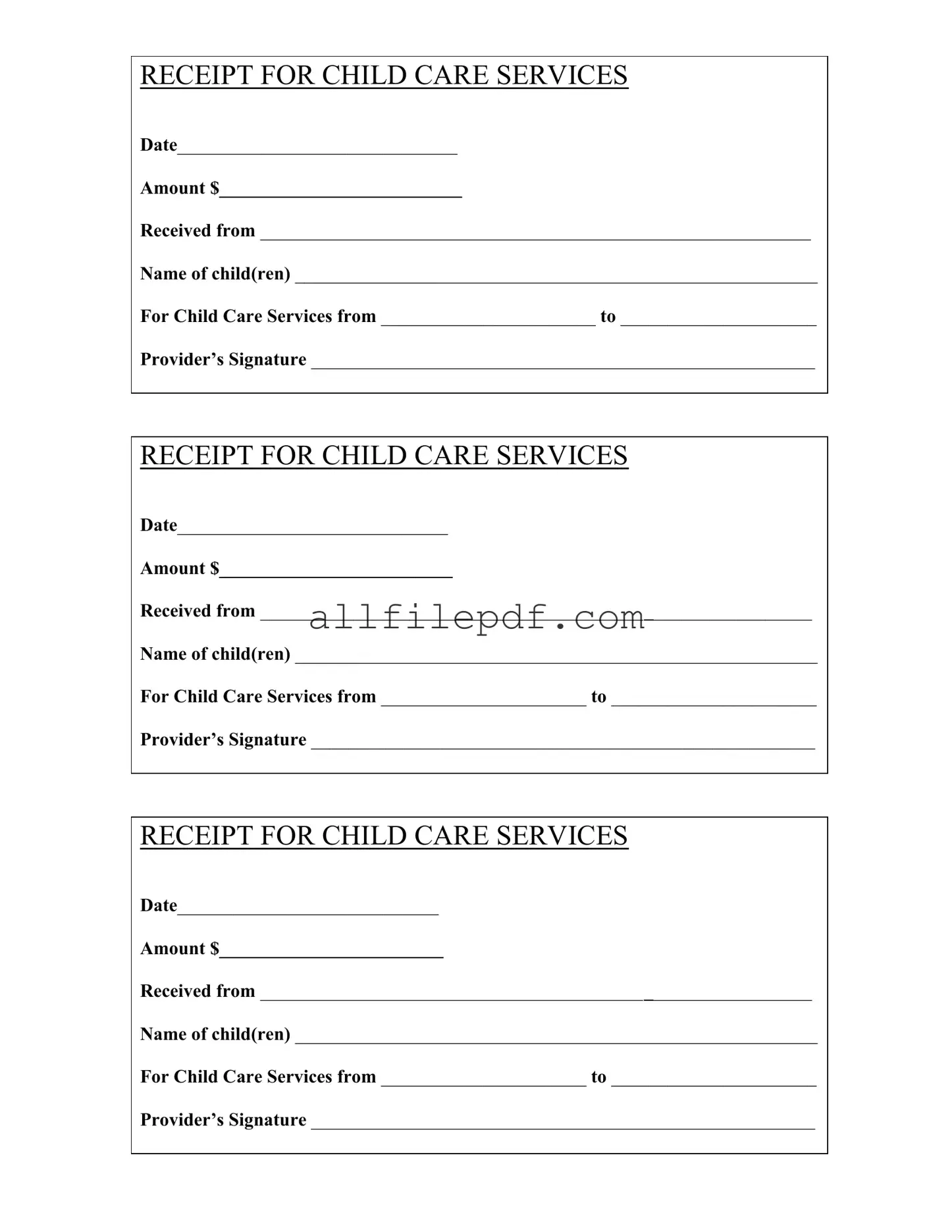 Blank Childcare Receipt PDF Form