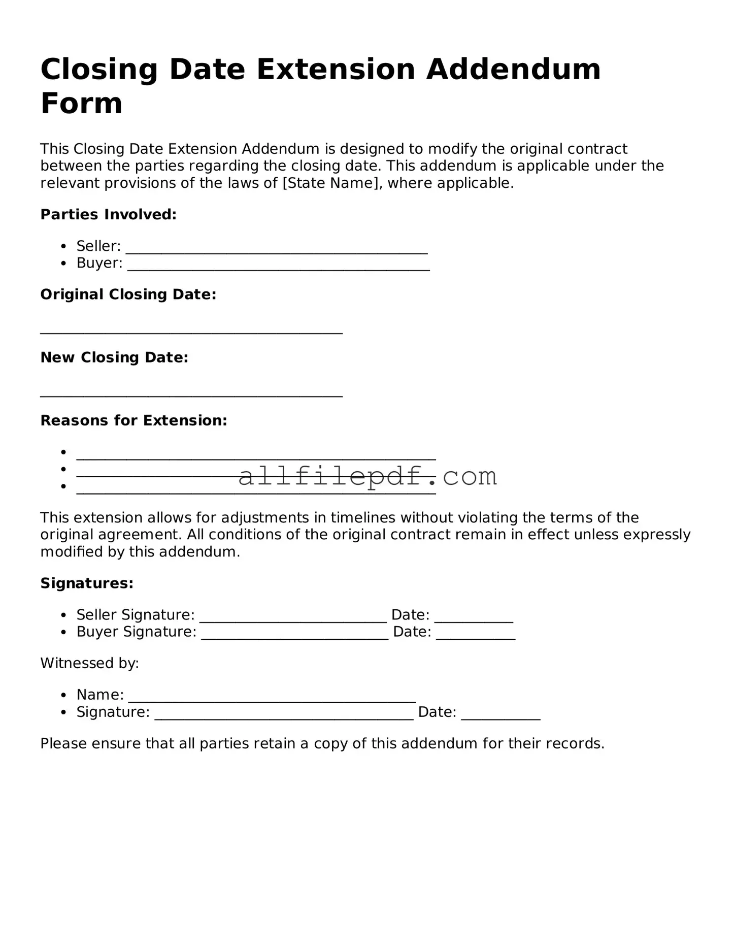 Blank Closing Date Extension Addendum Form Template