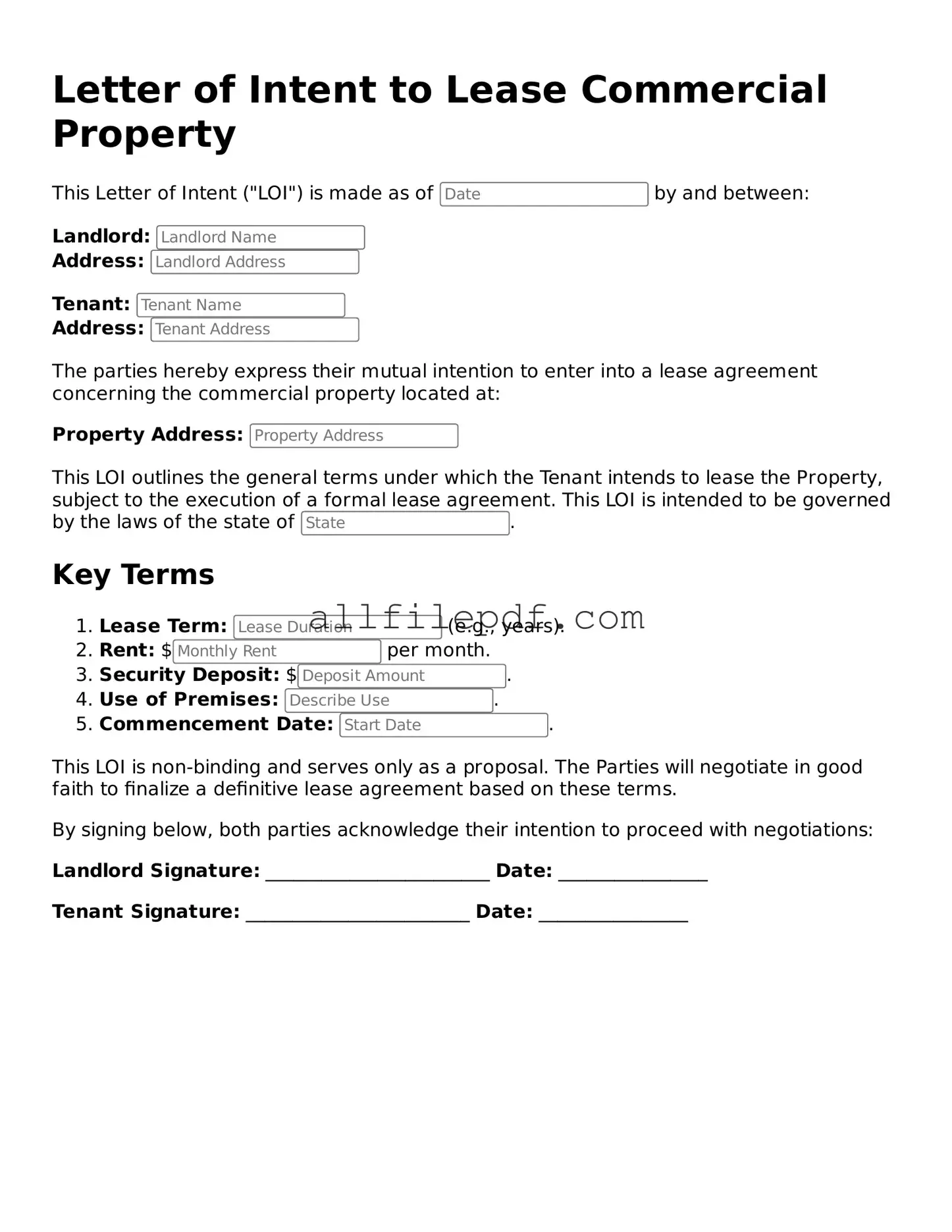 Blank Letter of Intent to Lease Commercial Property Template