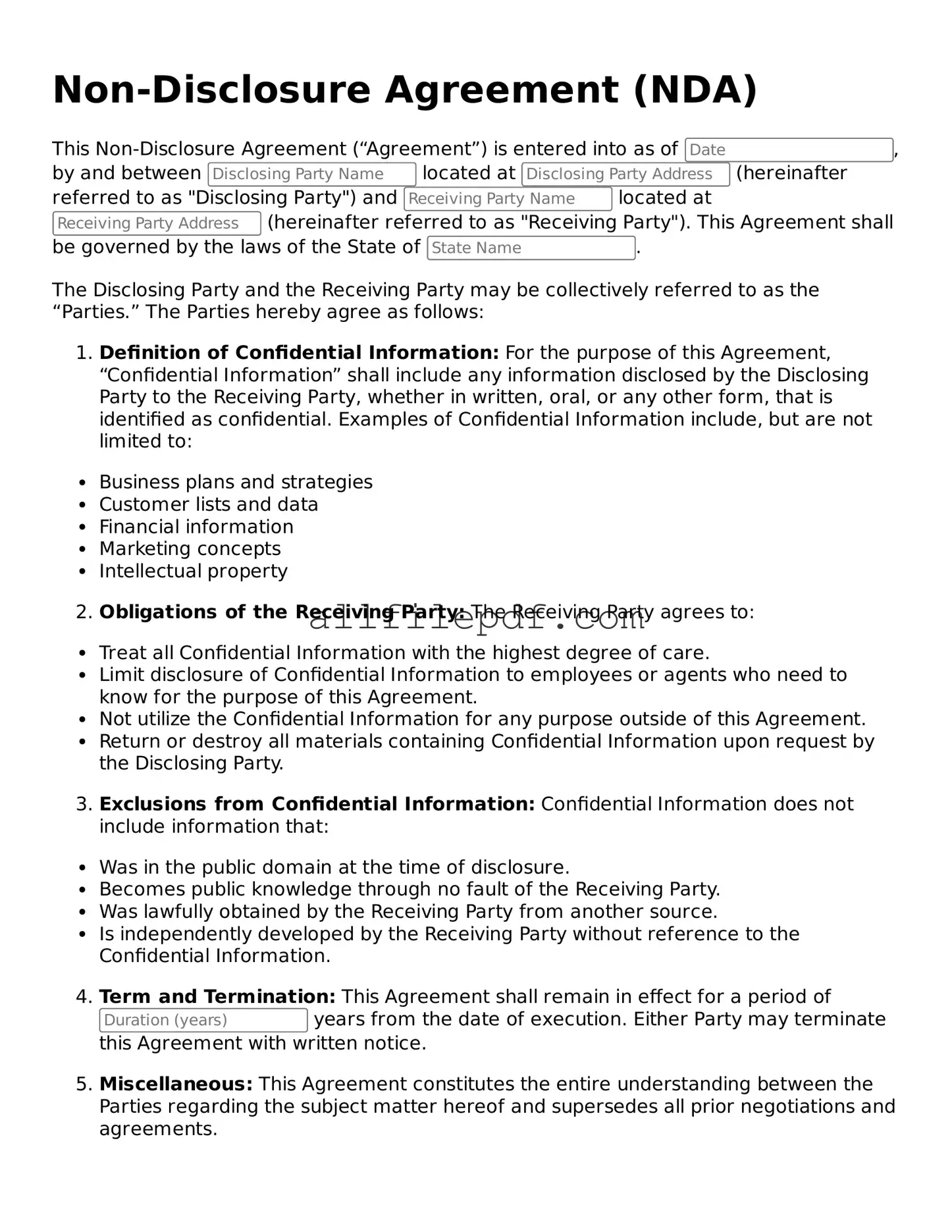 Blank Non-disclosure Agreement Template