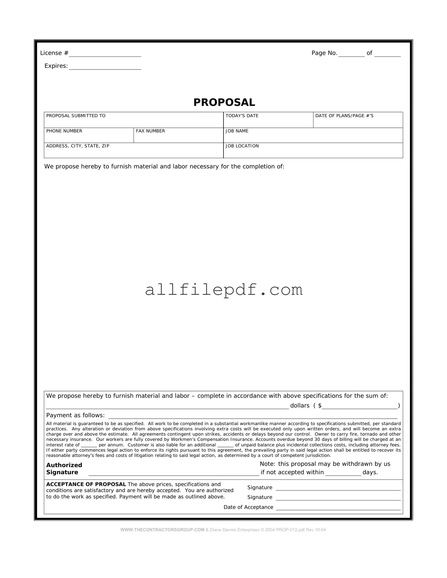 Blank Construction proposal form PDF Form