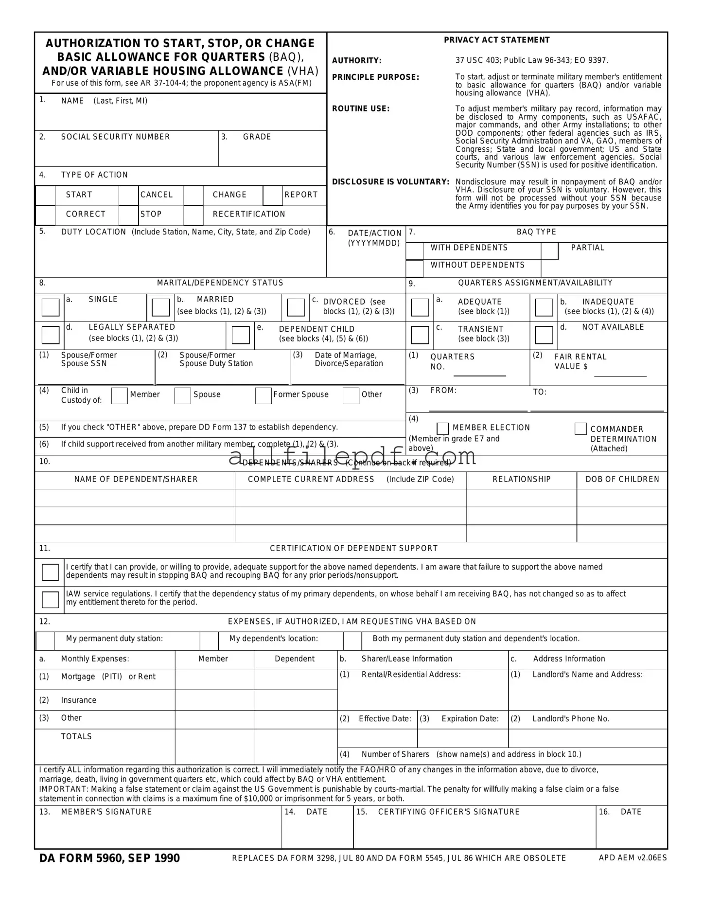 Blank DA 5960 PDF Form