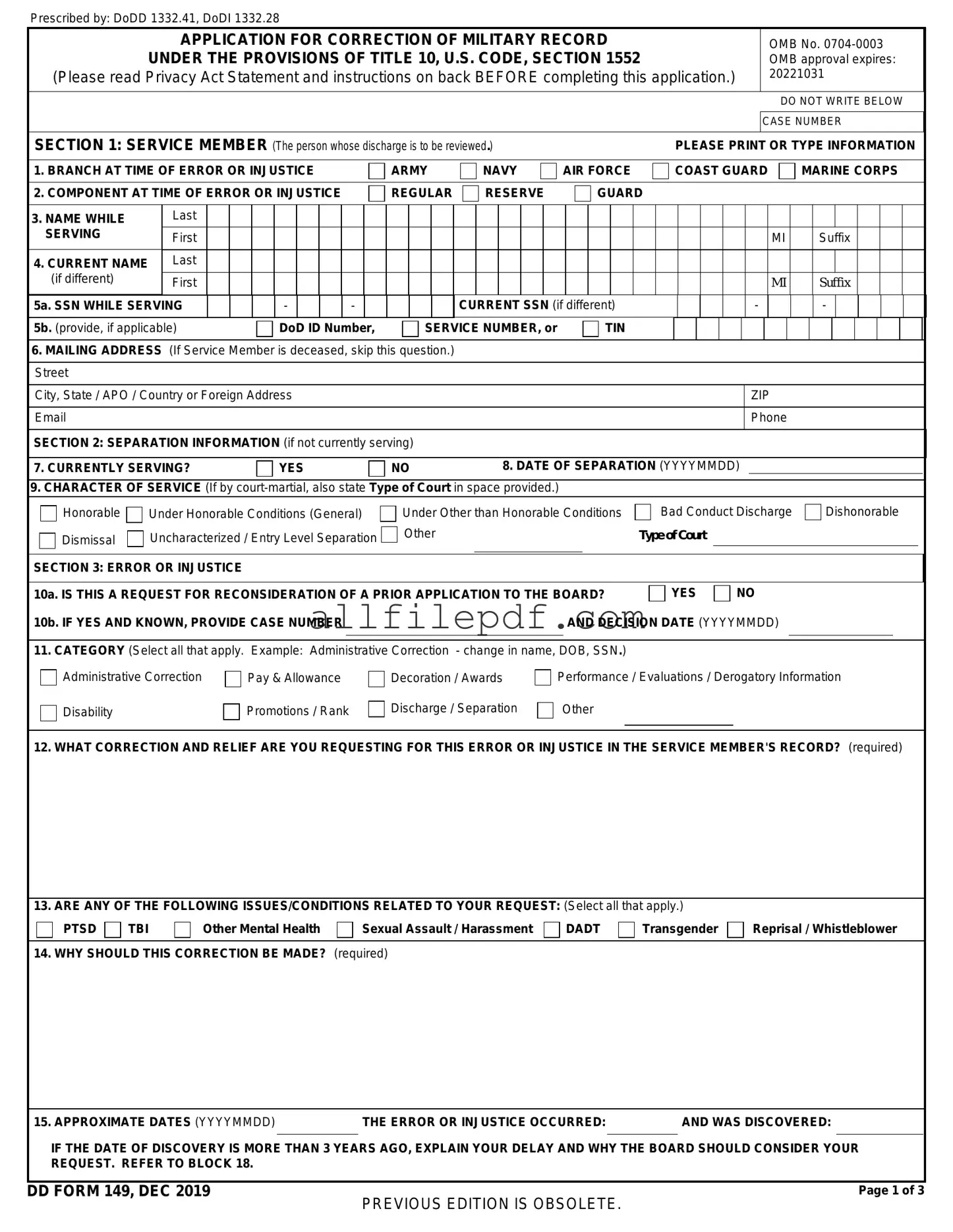 Blank DD 149 PDF Form