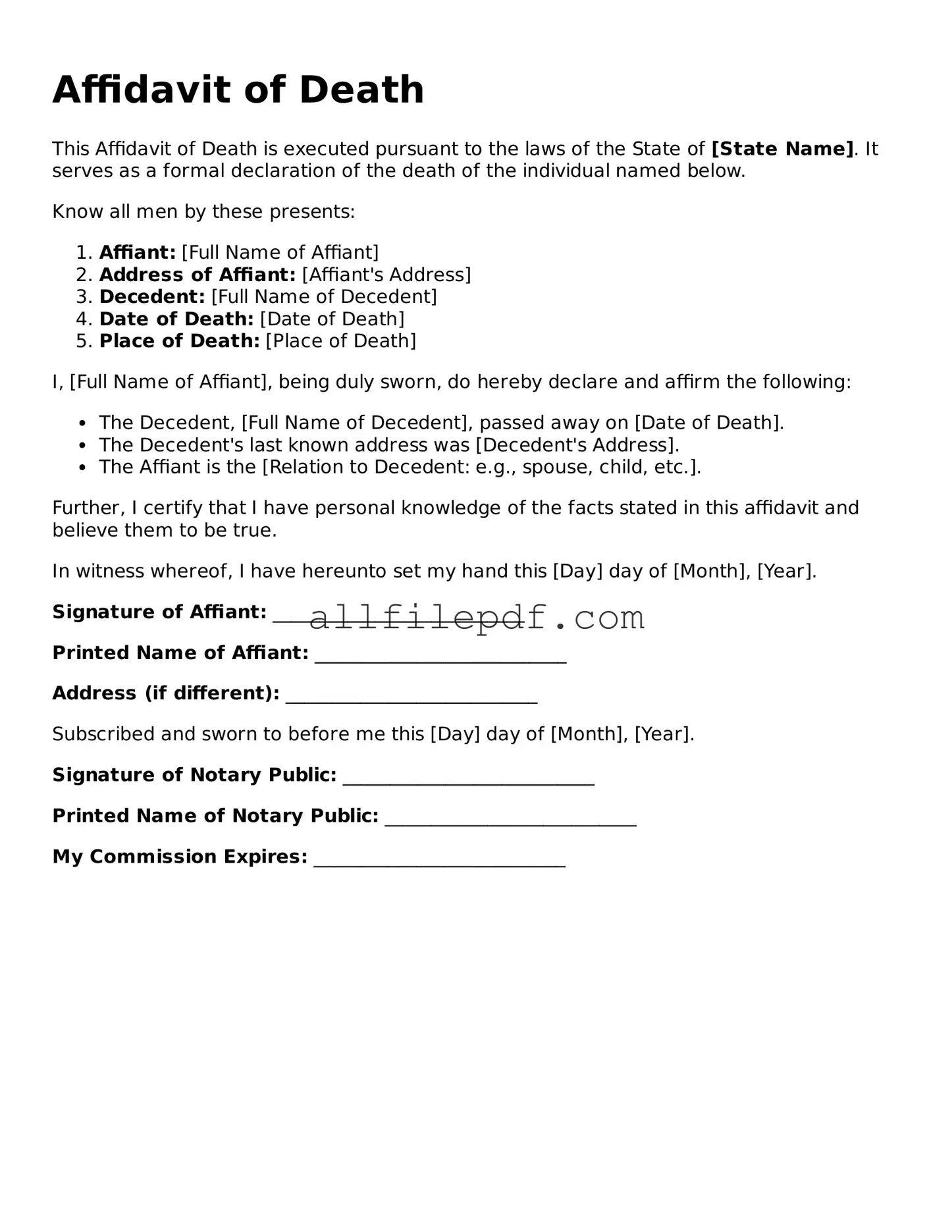 Blank Affidavit of Death Template