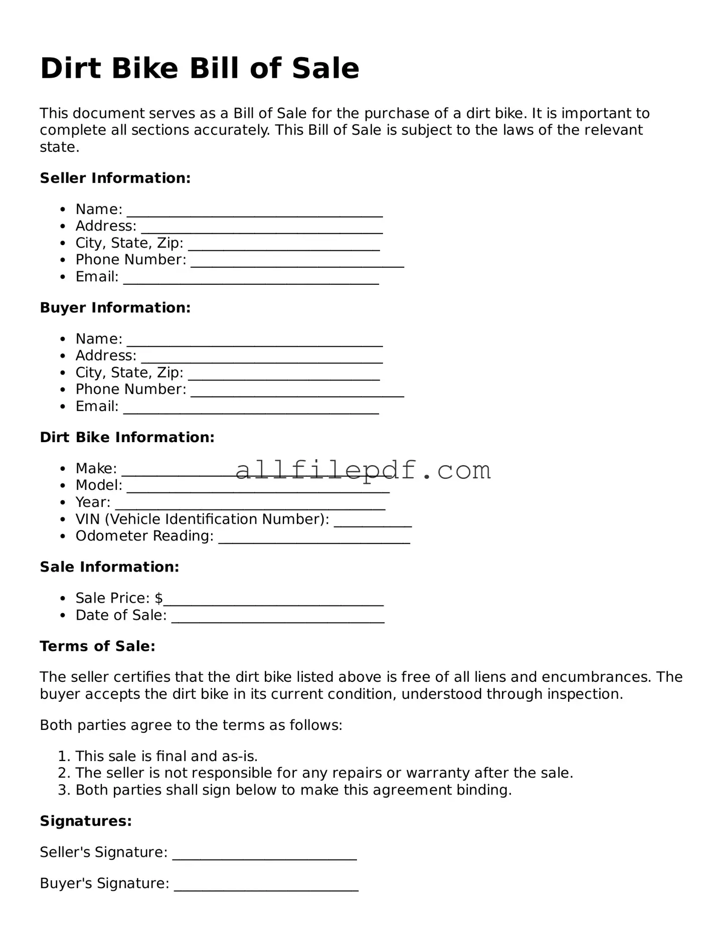 Blank Dirt Bike Bill of Sale Template