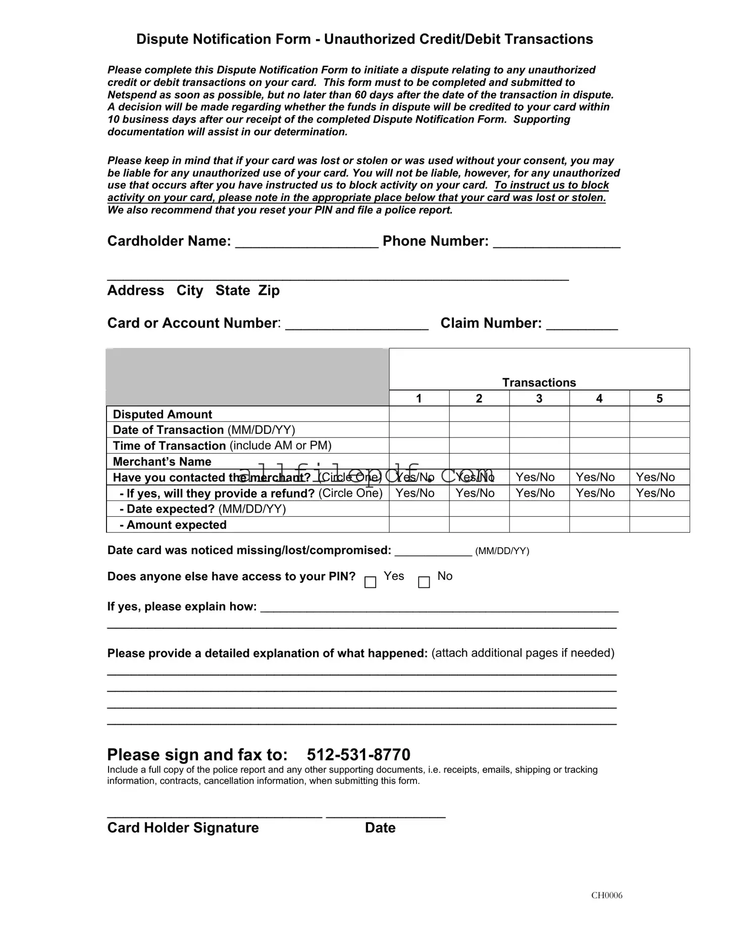 Blank Netspend Dispute PDF Form