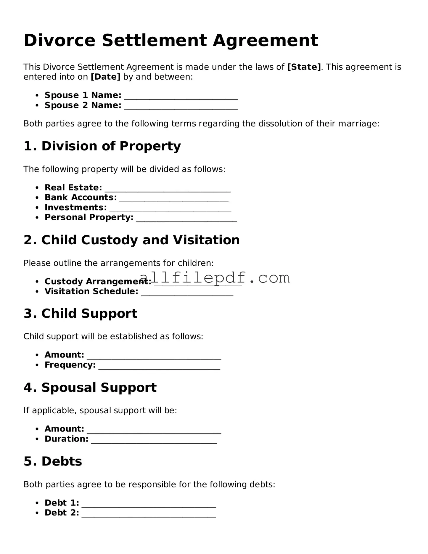 Blank Divorce Settlement Agreement Template