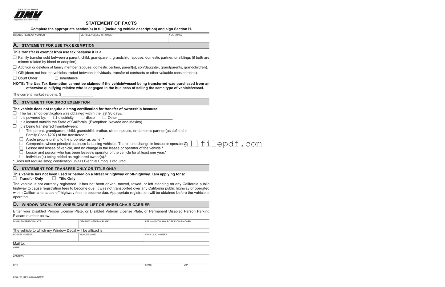 Blank Dmv Reg 256 PDF Form