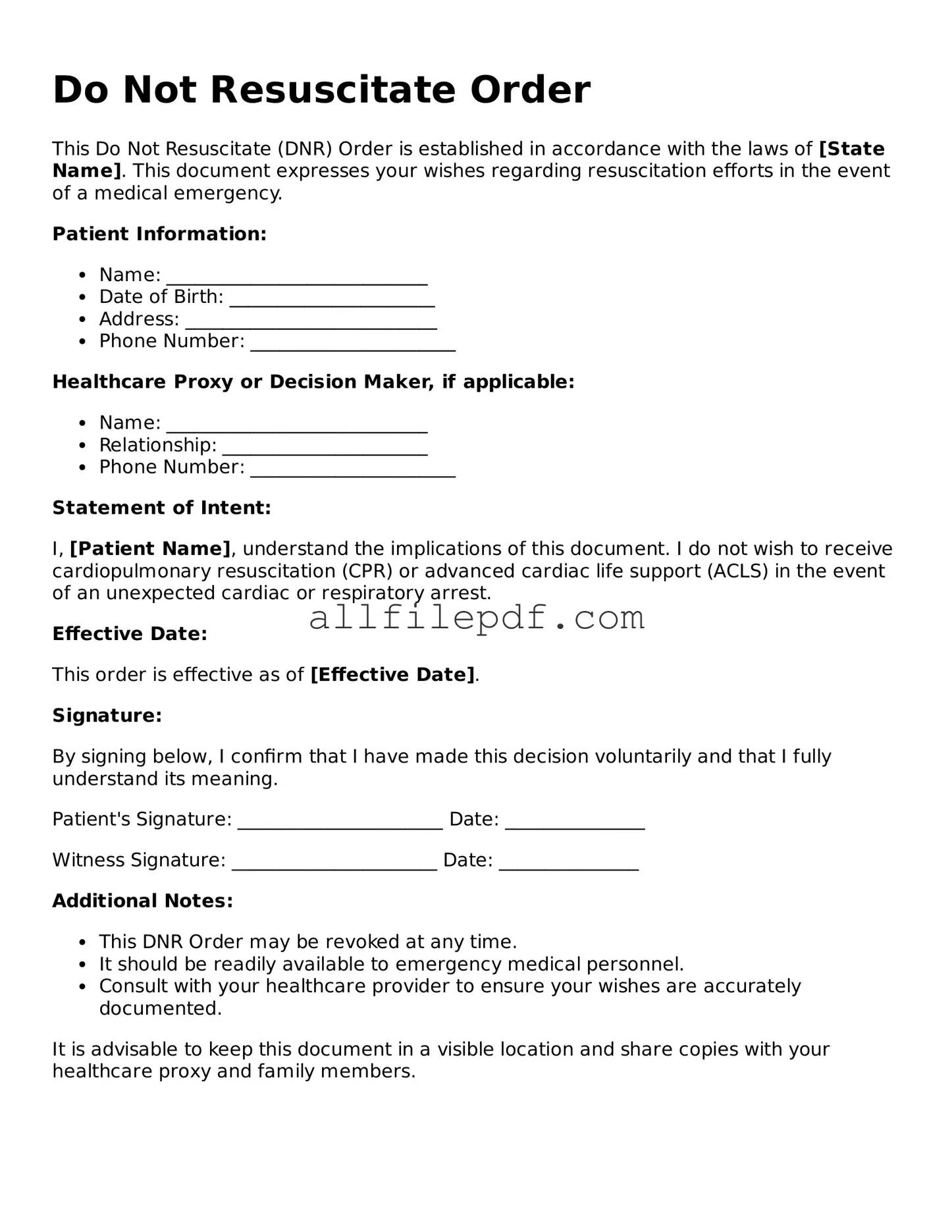 Blank Do Not Resuscitate Order Template