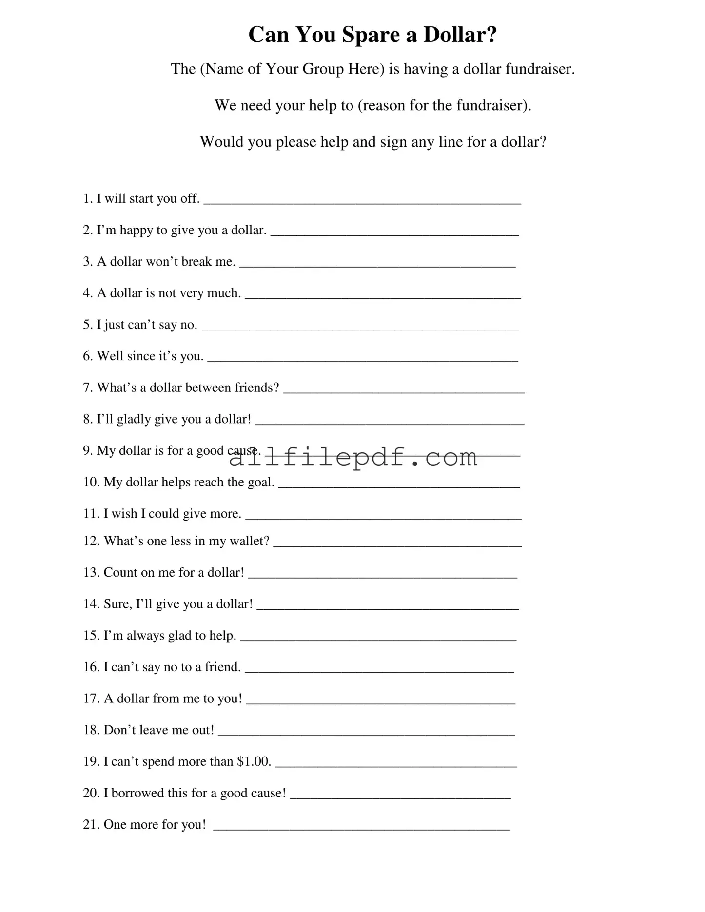 Blank Donated A Dollar PDF Form