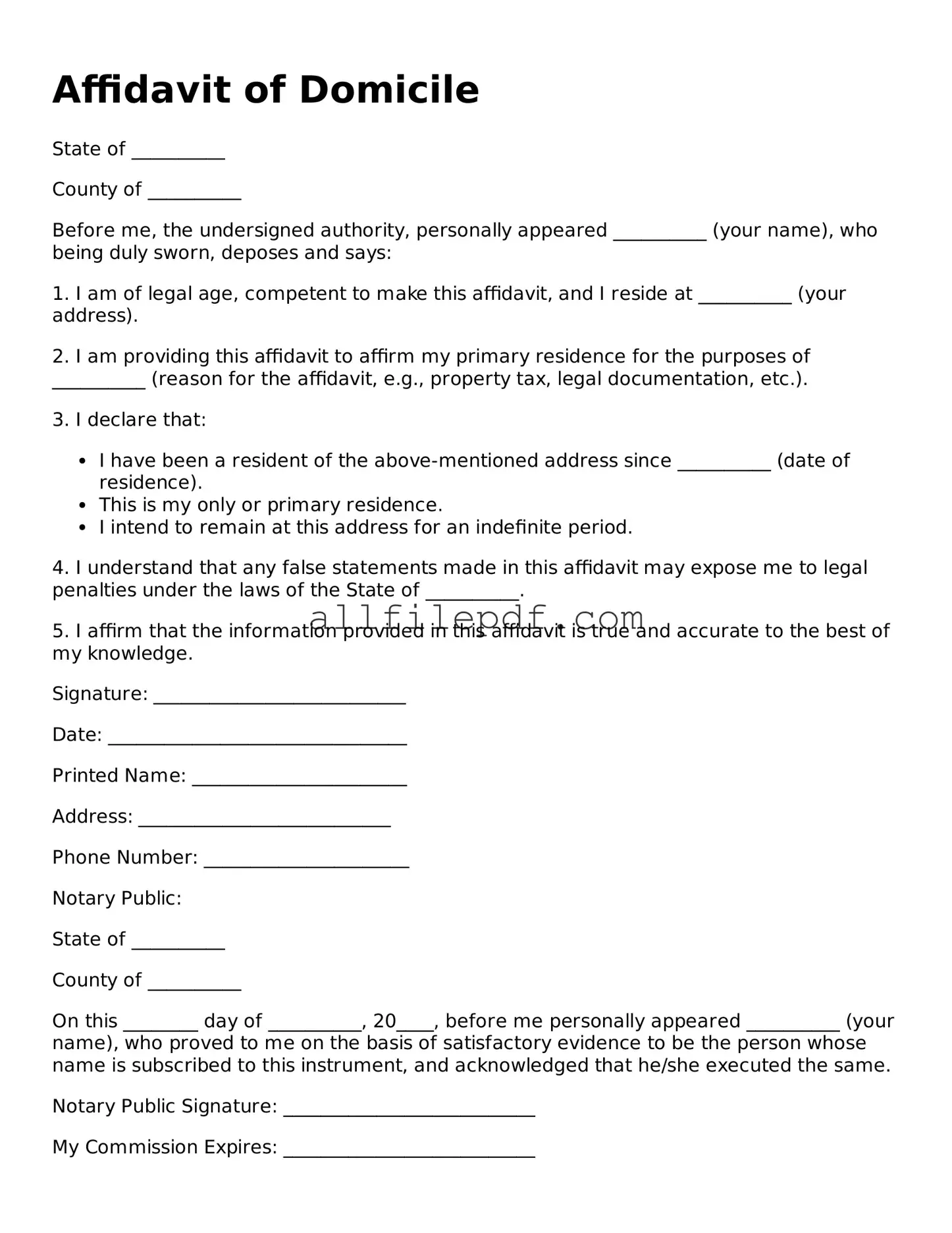 Blank Affidavit of Domicile Template