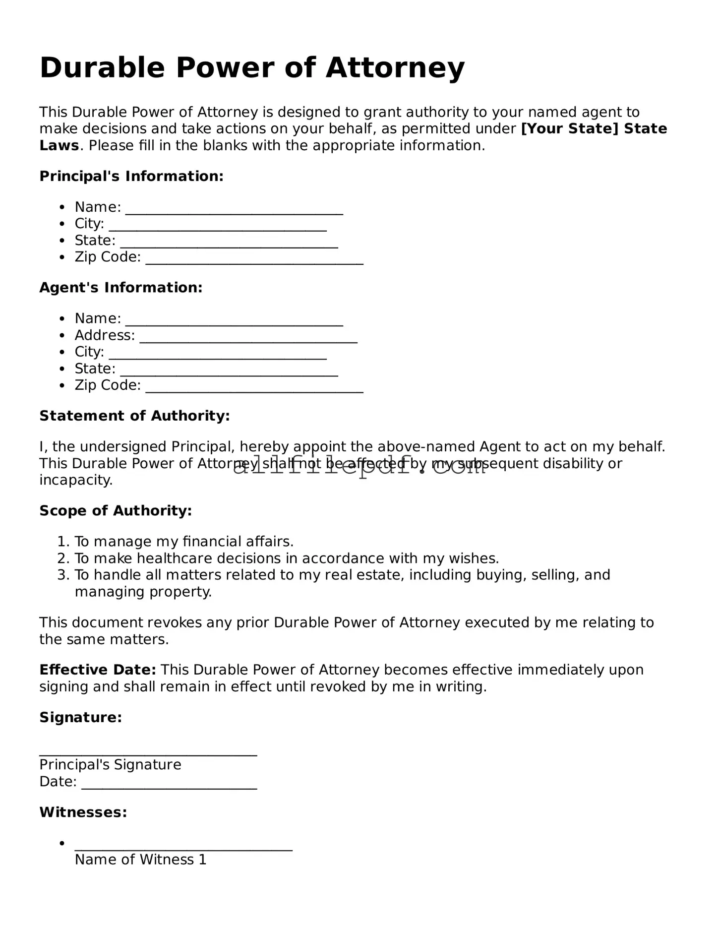 Blank Durable Power of Attorney Template