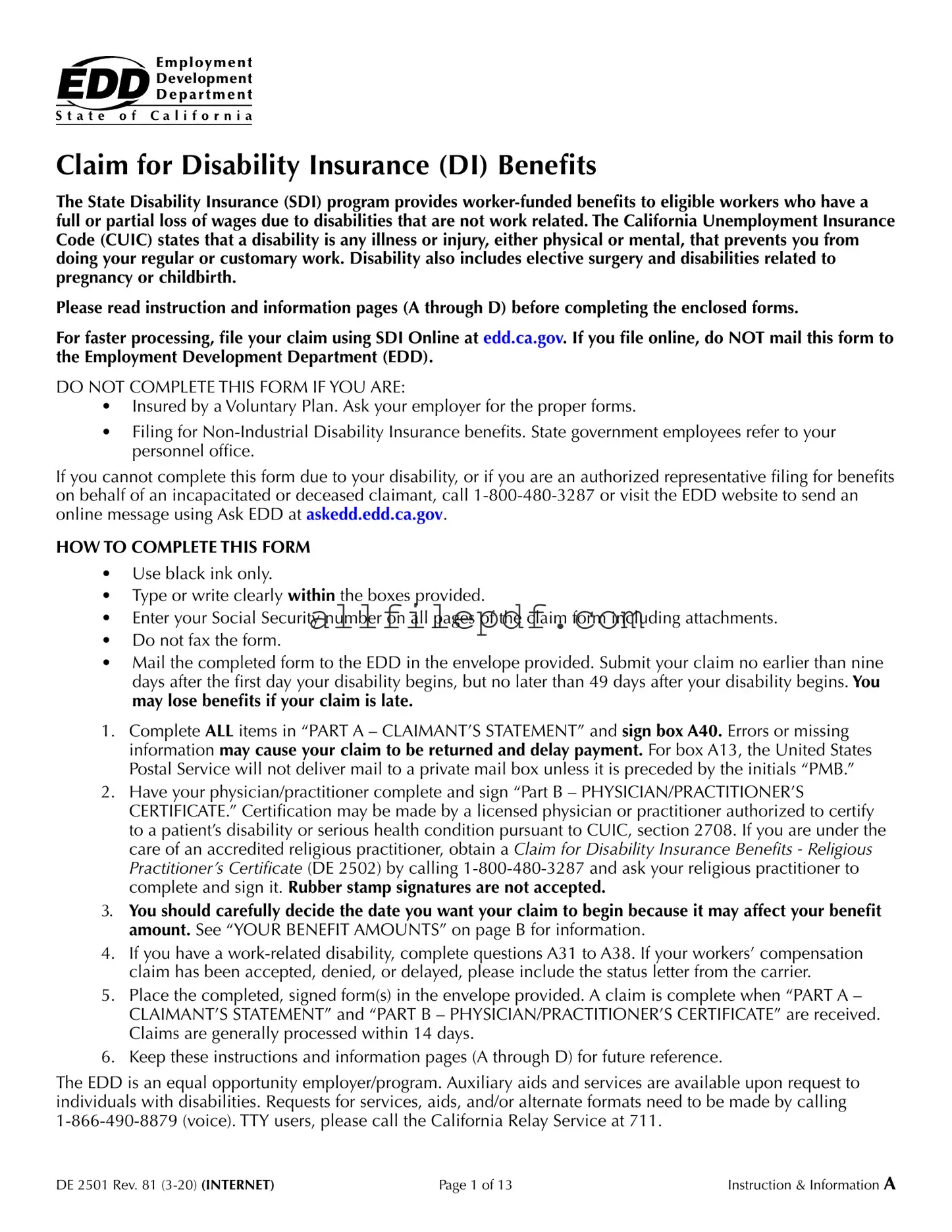 Blank EDD DE 2501 PDF Form